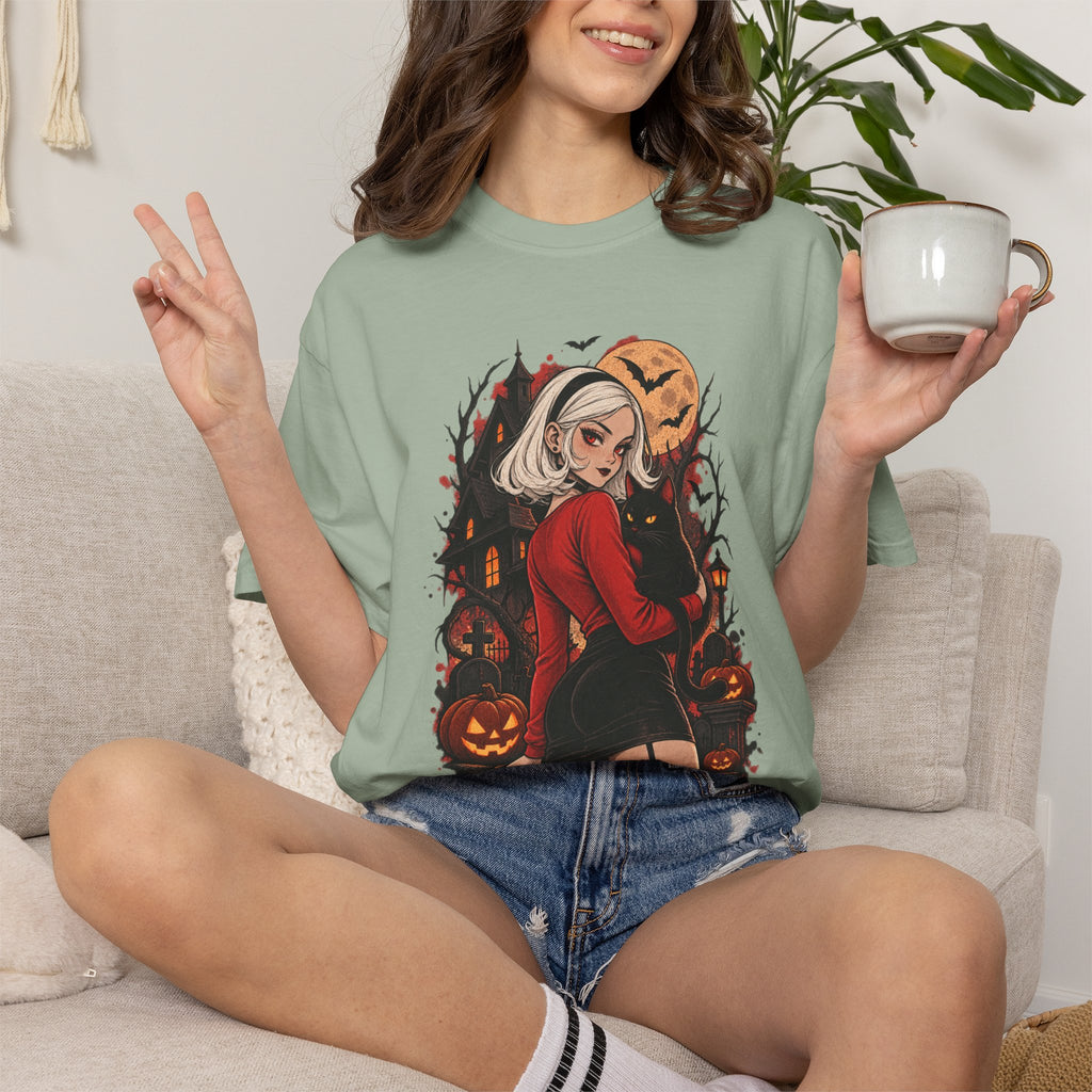 Halloween Pin-Up T-Shirt — Sexy Witch Girl with Jack-O'-Lanterns