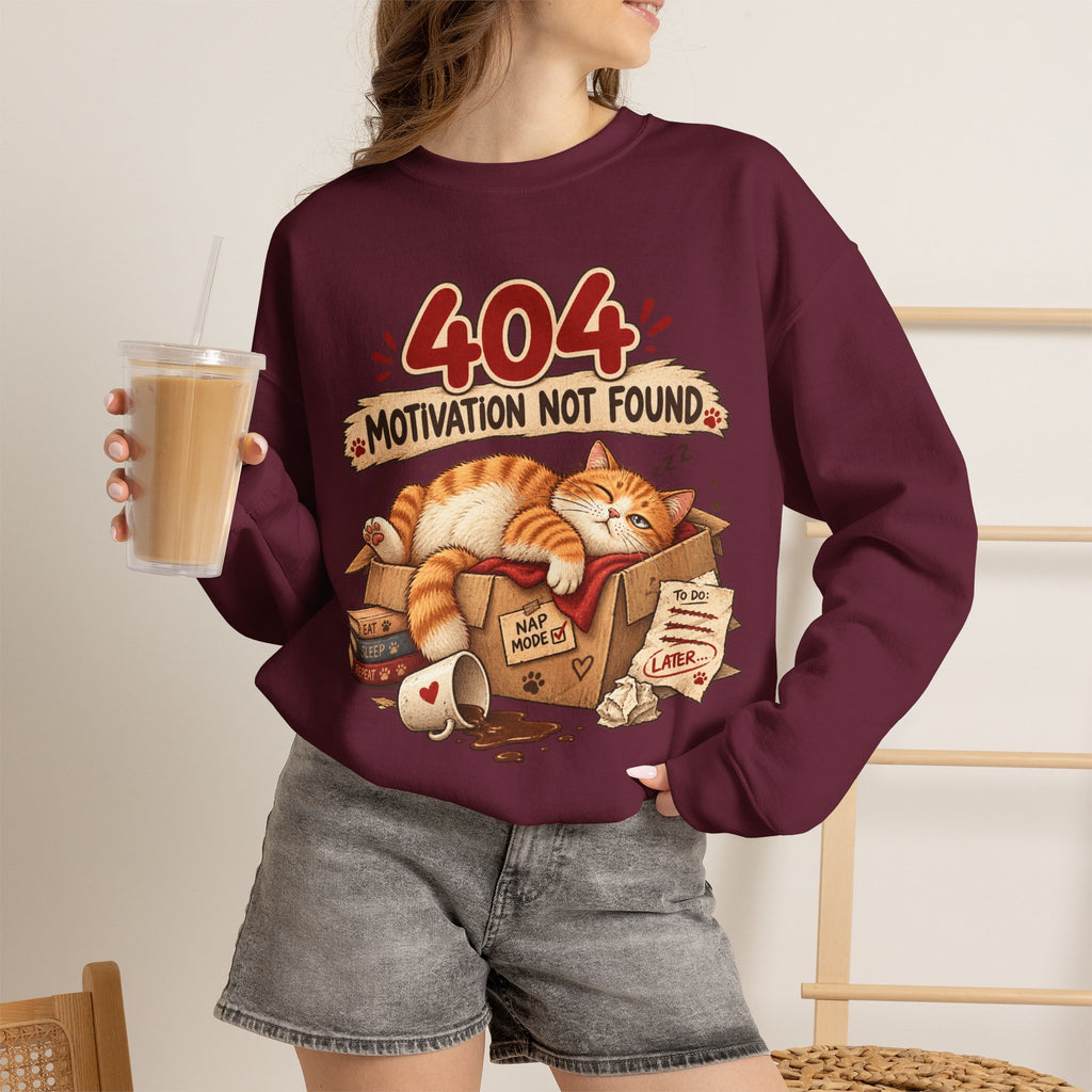 Crewneck Sweatshirt — "404 Motivation Not Found" Lazy Cat Graphic