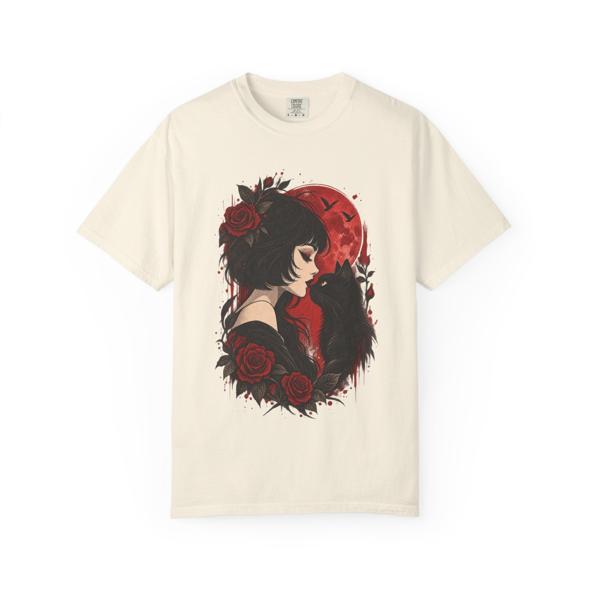 Gothic Girl & Black Cat T‑Shirt — Red Moon Rose Illustration