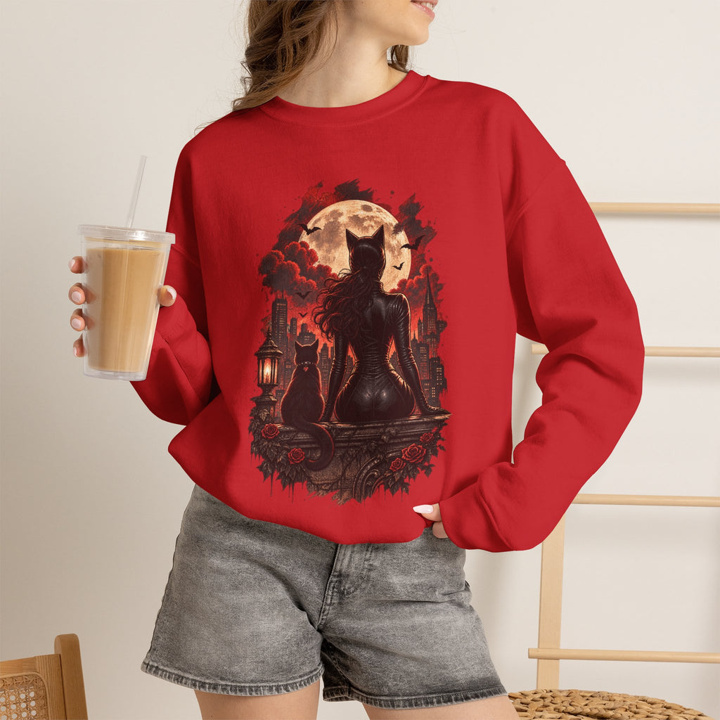 Black Cat Moon Crewneck Sweatshirt — Gothic Halloween Cat Graphic