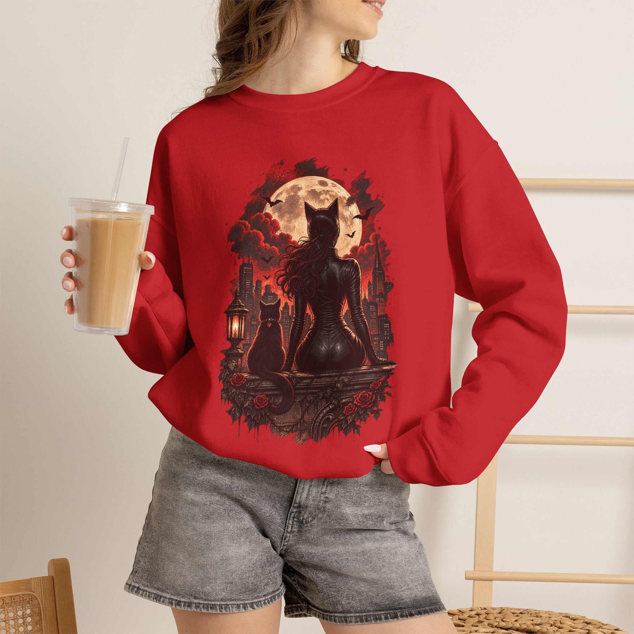 Black Cat Moon Crewneck Sweatshirt — Gothic Halloween Cat Graphic
