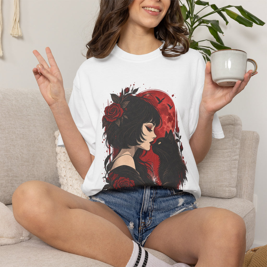 Gothic Girl & Black Cat T‑Shirt — Red Moon Rose Illustration