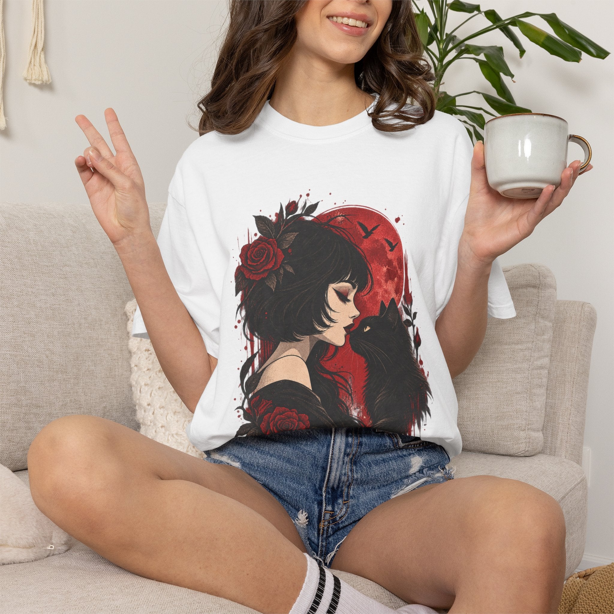 Gothic Girl & Black Cat T‑Shirt — Red Moon Rose Illustration
