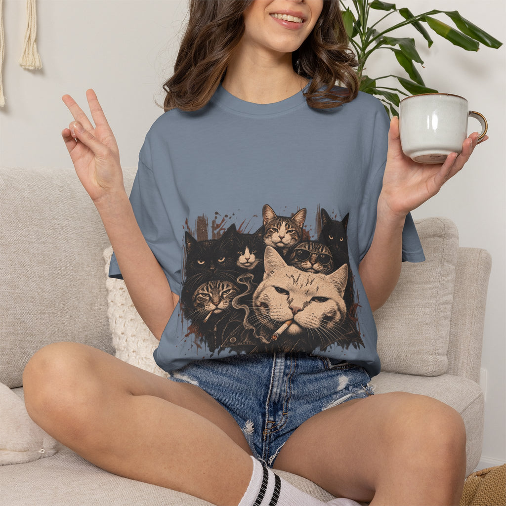 Cat Pack Garment-Dyed T-Shirt — Retro Cat Portraits Graphic Tee