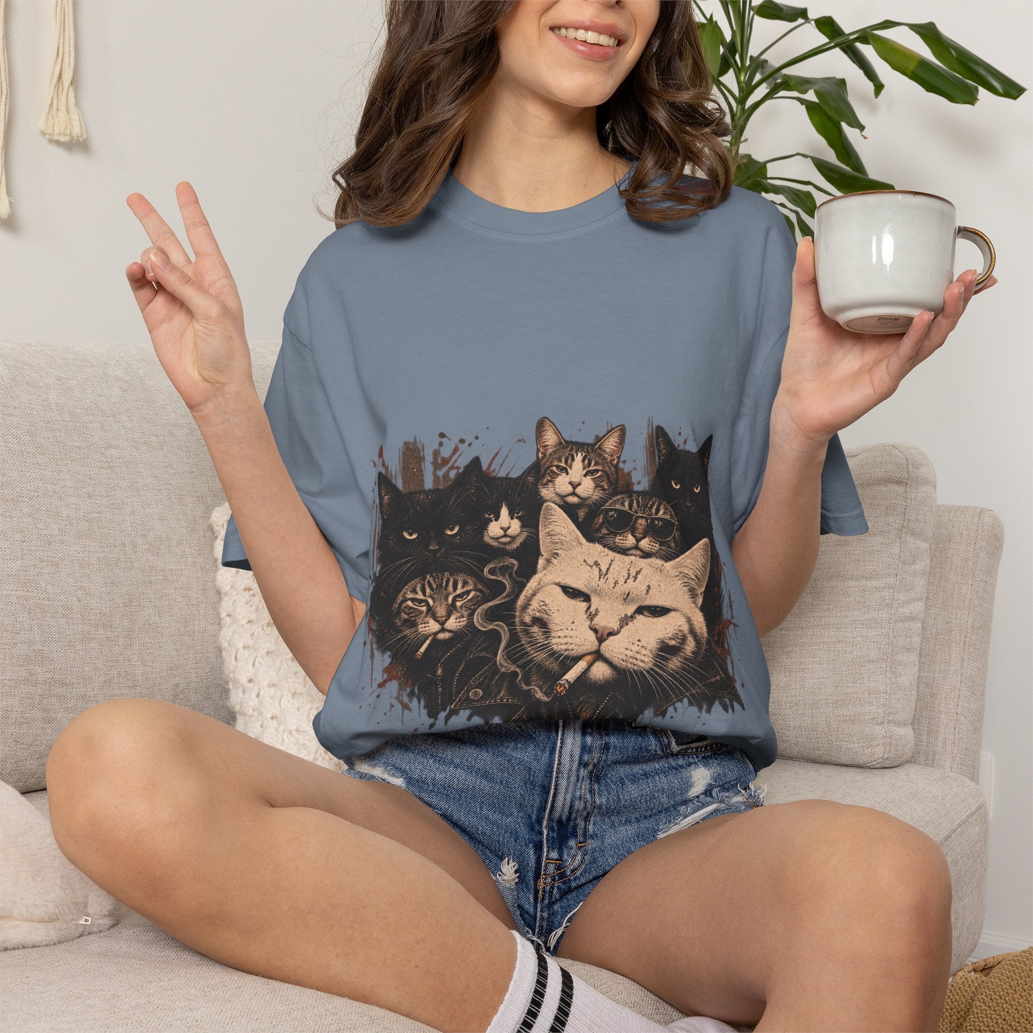 Cat Pack Garment-Dyed T-Shirt — Retro Cat Portraits Graphic Tee