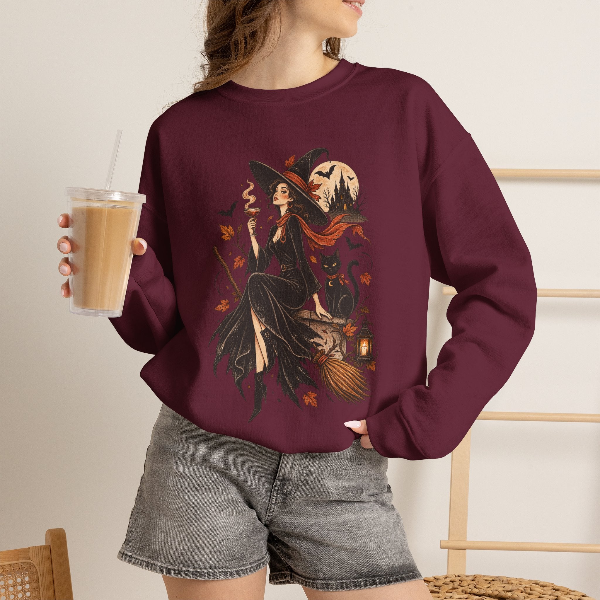 Witchy Autumn Crewneck Sweatshirt - Halloween Witch Illustration