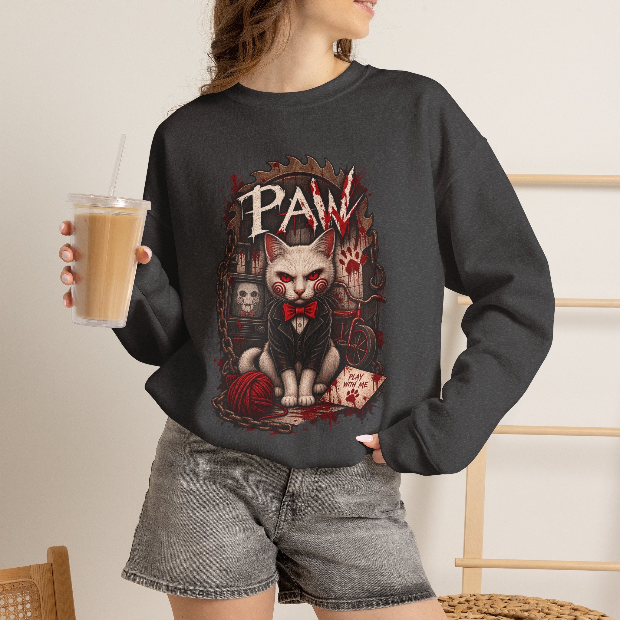 Horror Cat Crewneck Sweatshirt — "Paw" Gothic Killer Cat Graphic
