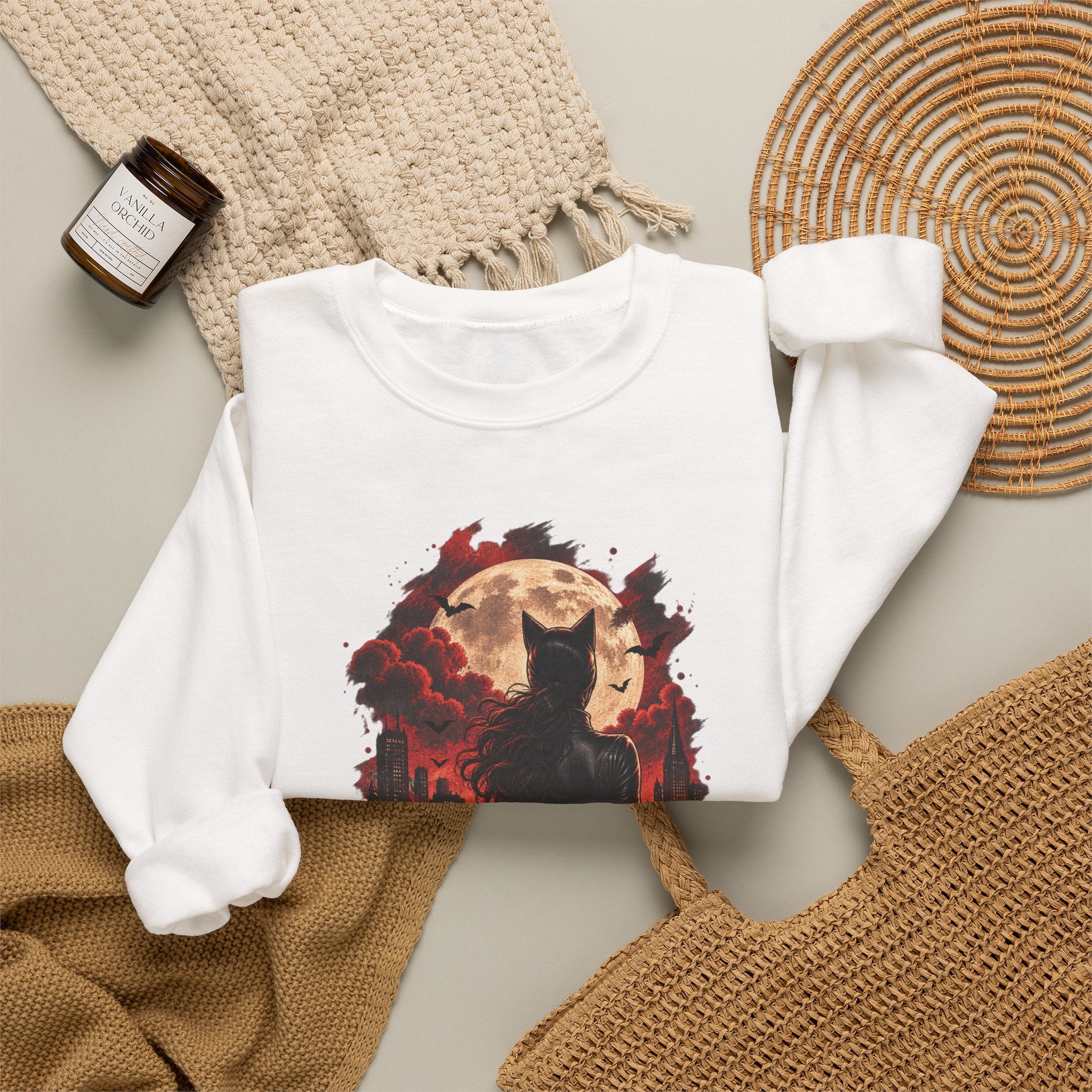 Black Cat Moon Crewneck Sweatshirt — Gothic Halloween Cat Graphic