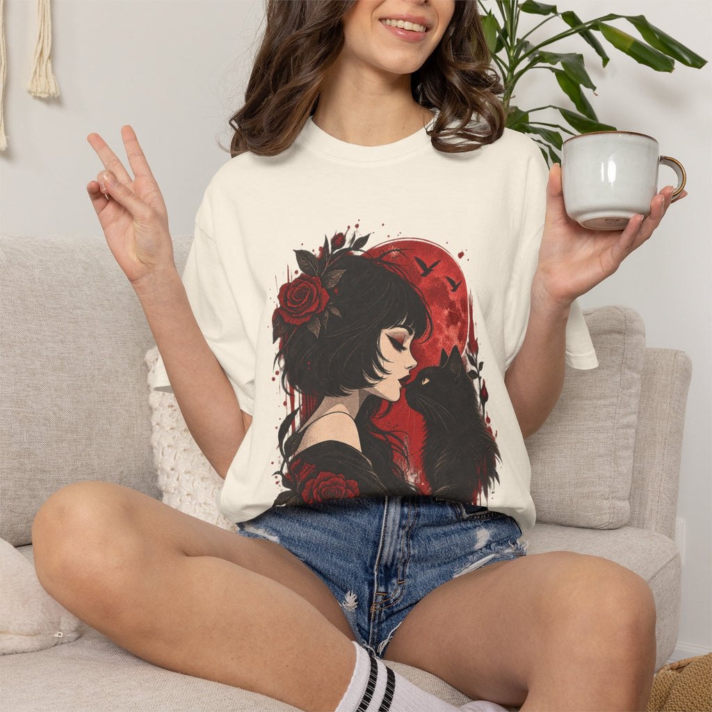 Gothic Girl & Black Cat T‑Shirt — Red Moon Rose Illustration