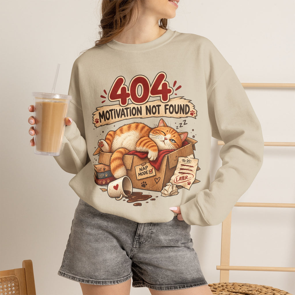 Crewneck Sweatshirt — "404 Motivation Not Found" Lazy Cat Graphic