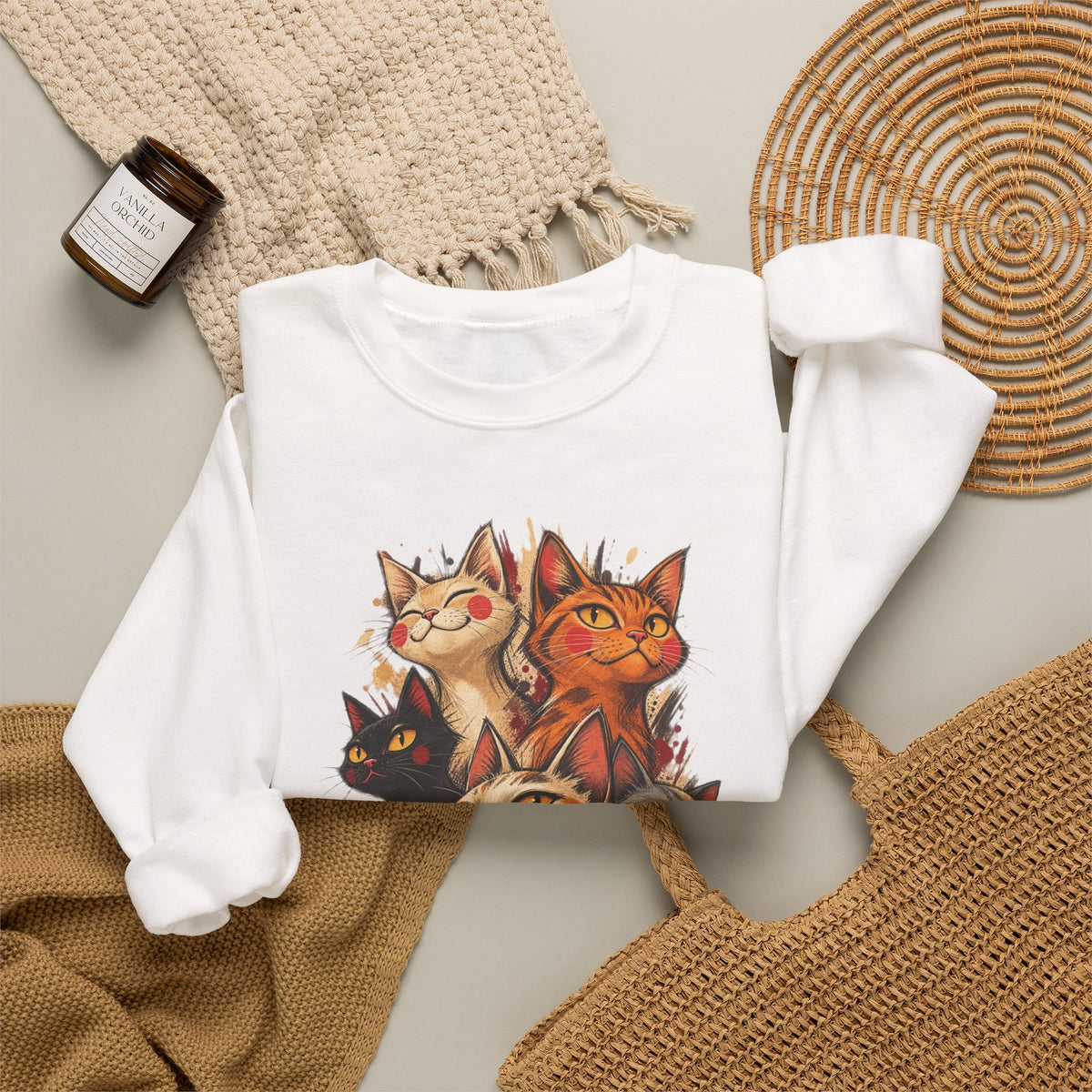 Cat Pack Crewneck Sweatshirt — Whimsical Multi-Cat Illustration