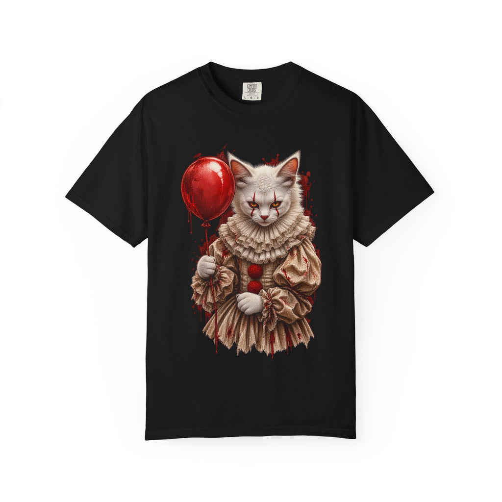 Horror Clown Cat T-Shirt — Creepy Victorian Cat with Red Balloon