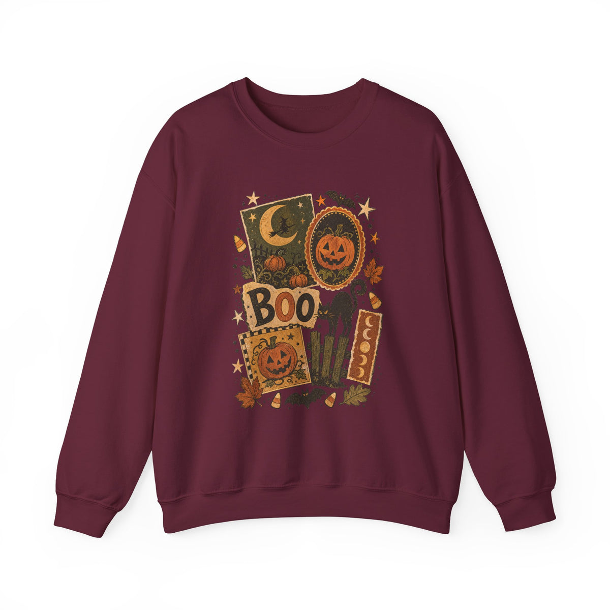 Halloween Vintage Patchwork Sweatshirt – 'Boo' Jack-o'-Lantern Crewneck