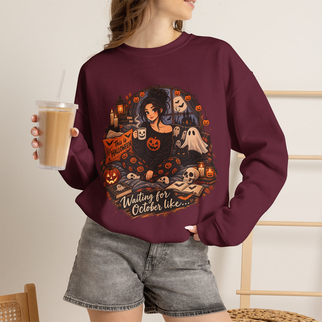 Halloween Cozy Crewneck Sweatshirt – "Waiting for October Like..." Gothic Pumpkin Design