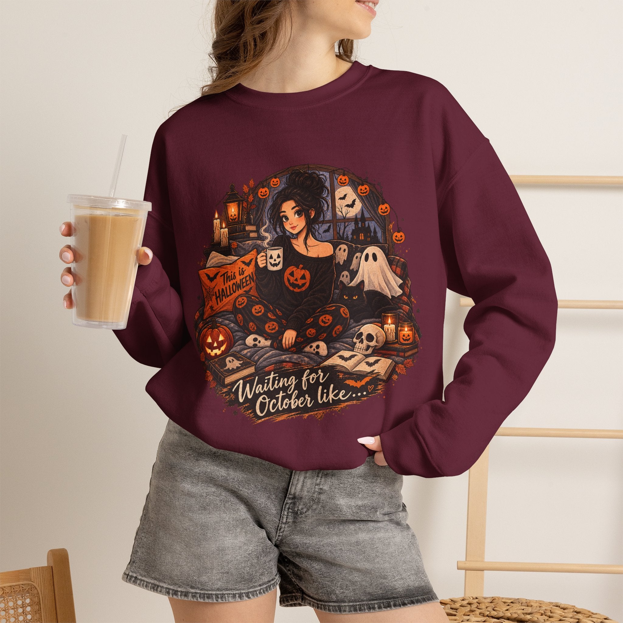 Halloween Cozy Crewneck Sweatshirt – "Waiting for October Like..." Gothic Pumpkin Design
