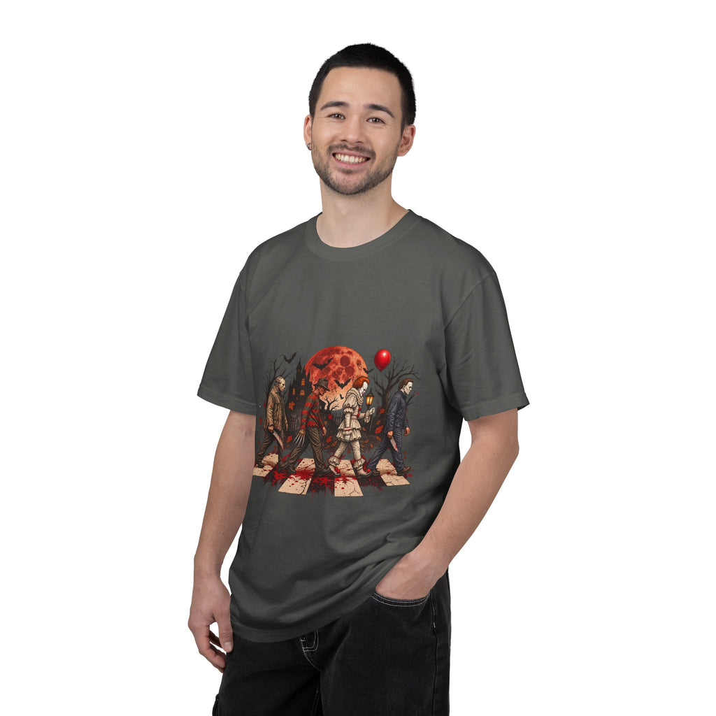 Horror Icons Crossing Graphic T-Shirt — Red Moon Pennywise & Slasher Mashup