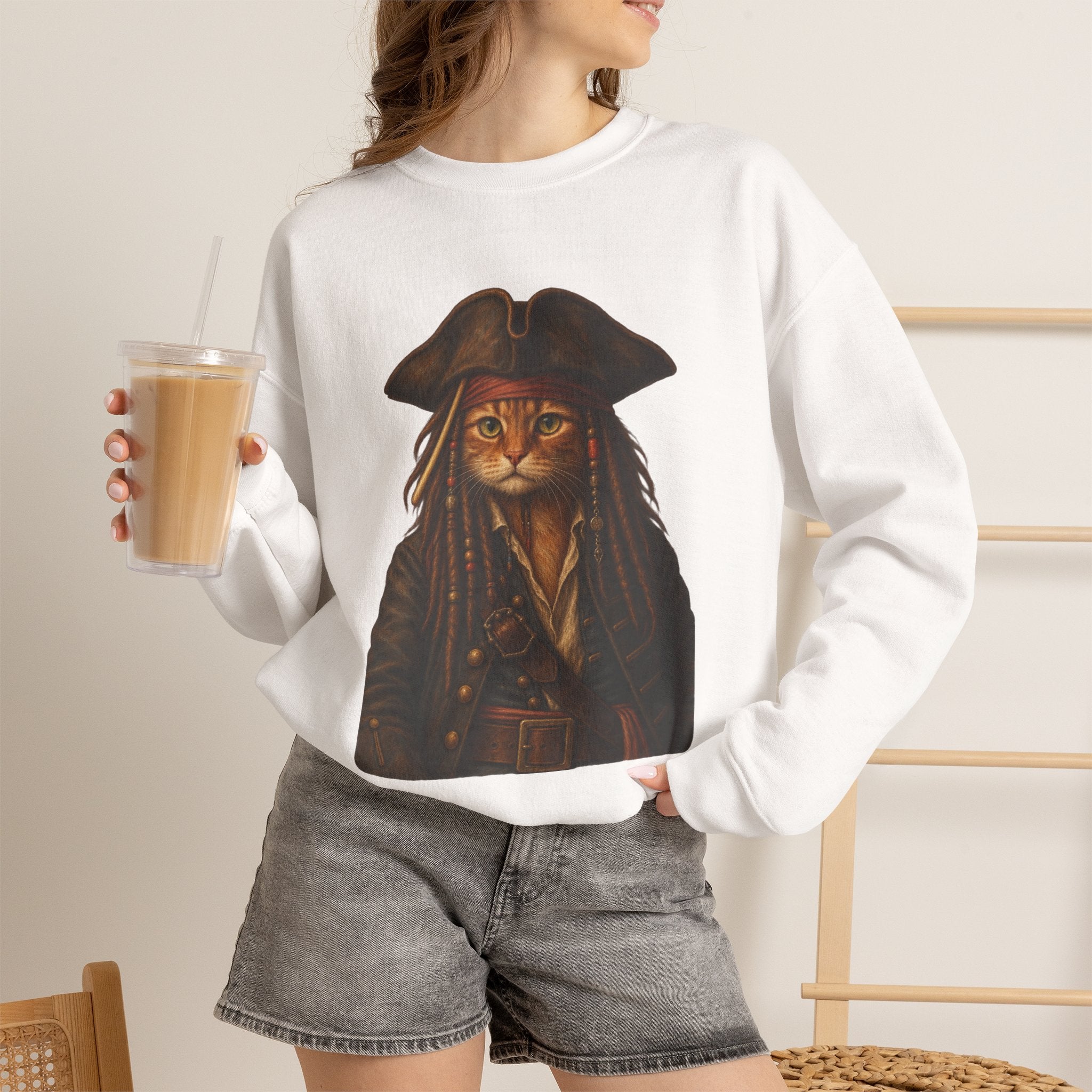 Pirate Cat Crewneck Sweatshirt — Captain Cat Portrait Pullover