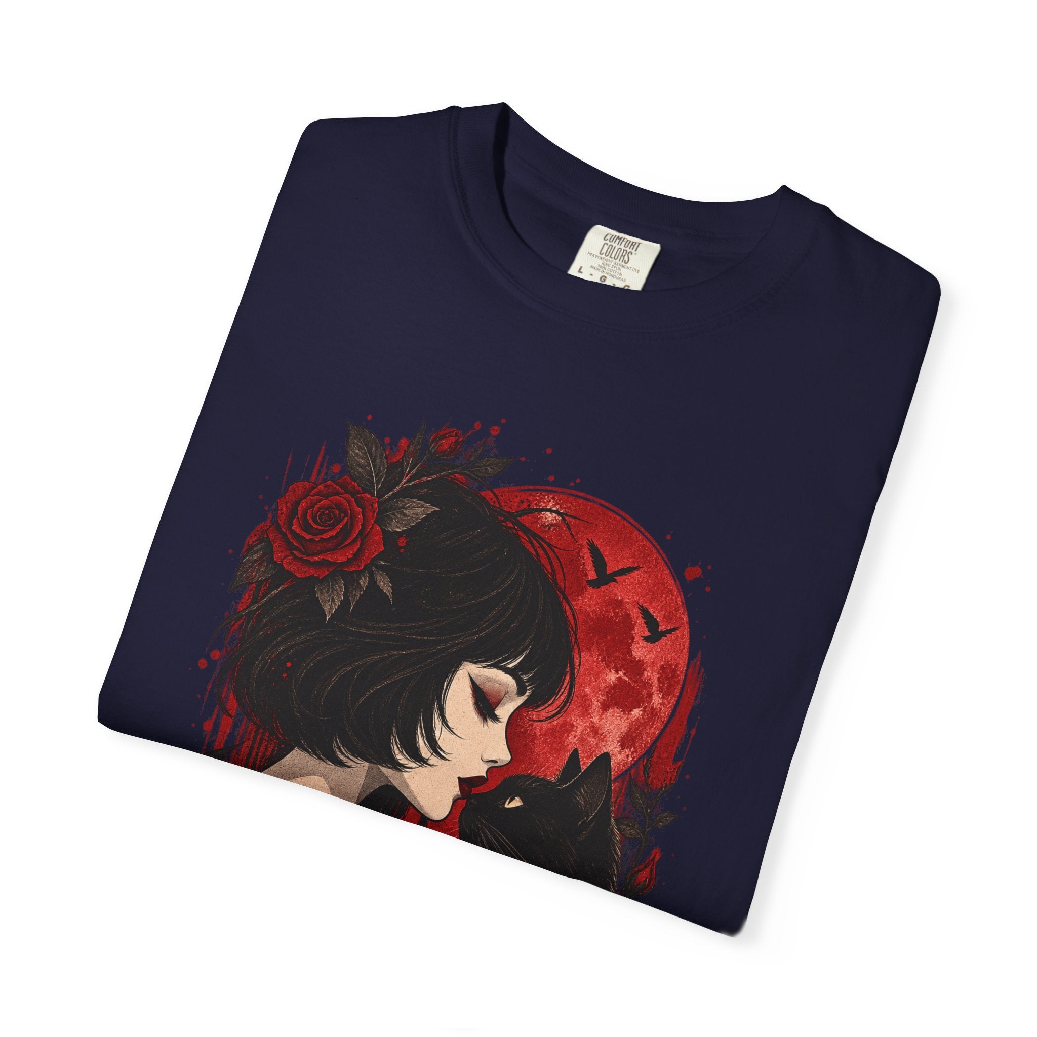 Gothic Girl & Black Cat T‑Shirt — Red Moon Rose Illustration