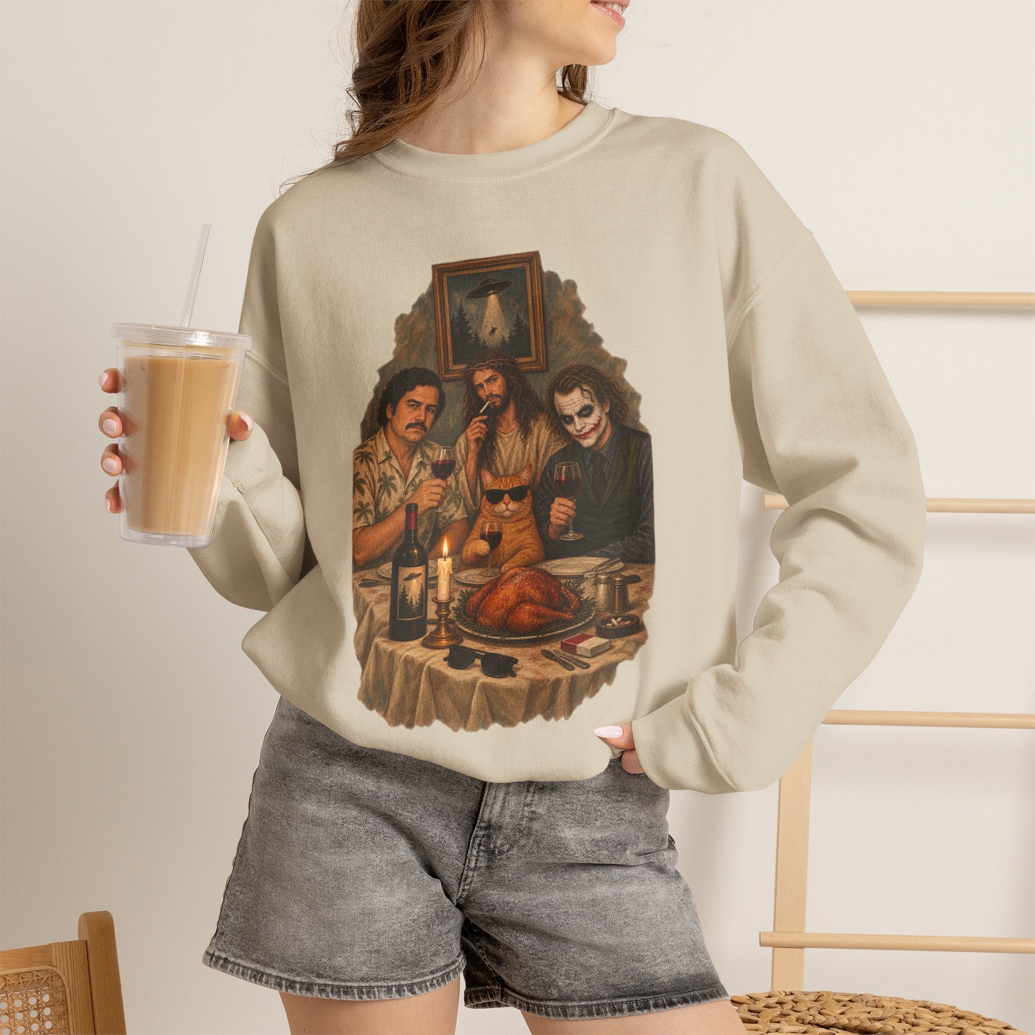 Crewneck Sweatshirt — Vintage Movie Villains Thanksgiving Dinner Graphic