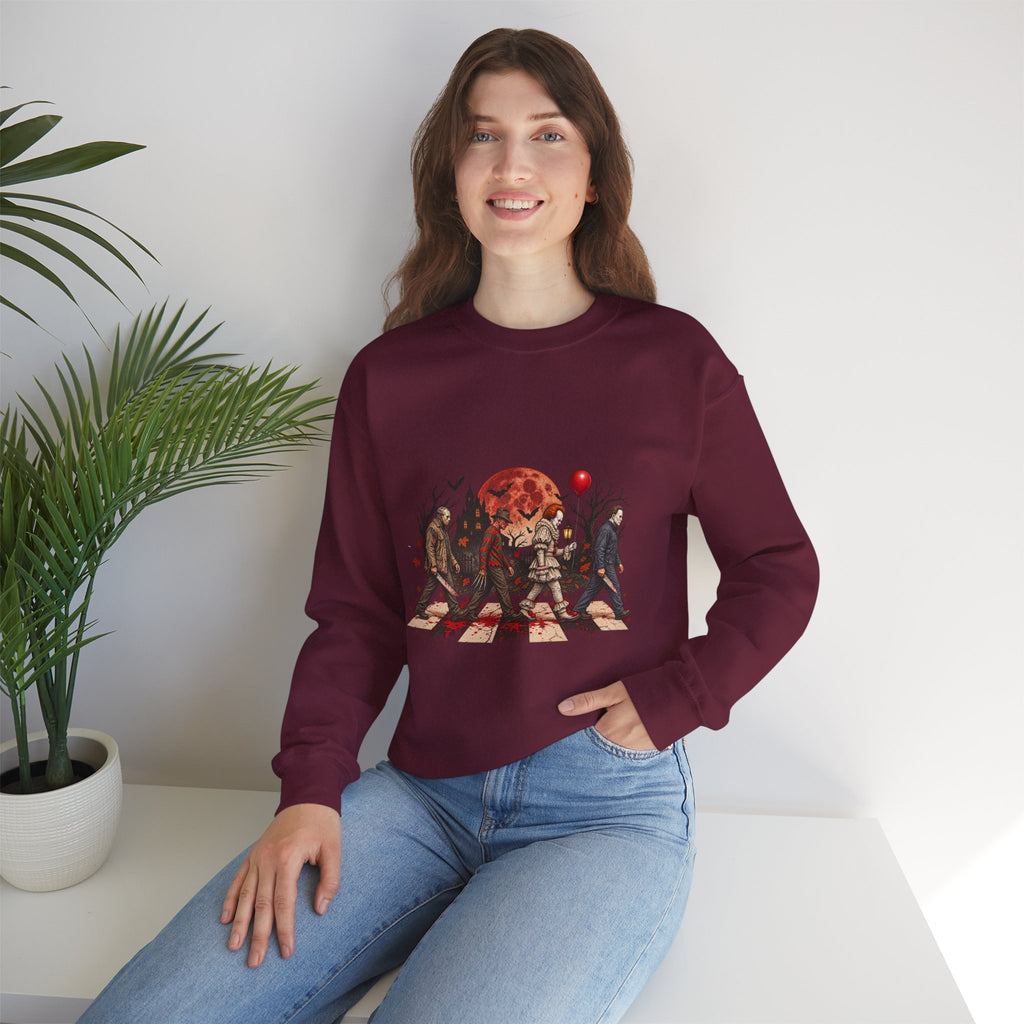 Horror Movie Icons Crewneck Sweatshirt — Pennywise, Jason & Slasher Silhouette Design