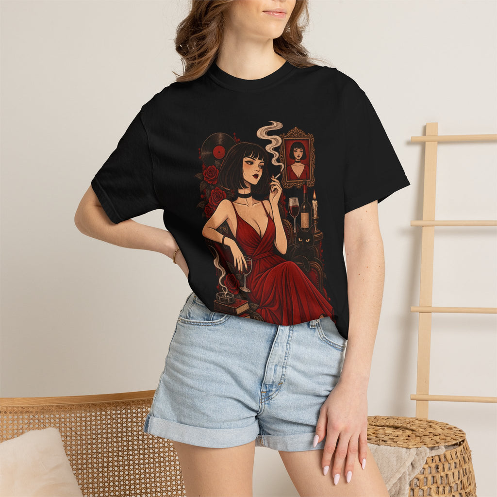 Vampy Noir Lady Graphic T-Shirt — Gothic Red Dress Illustration