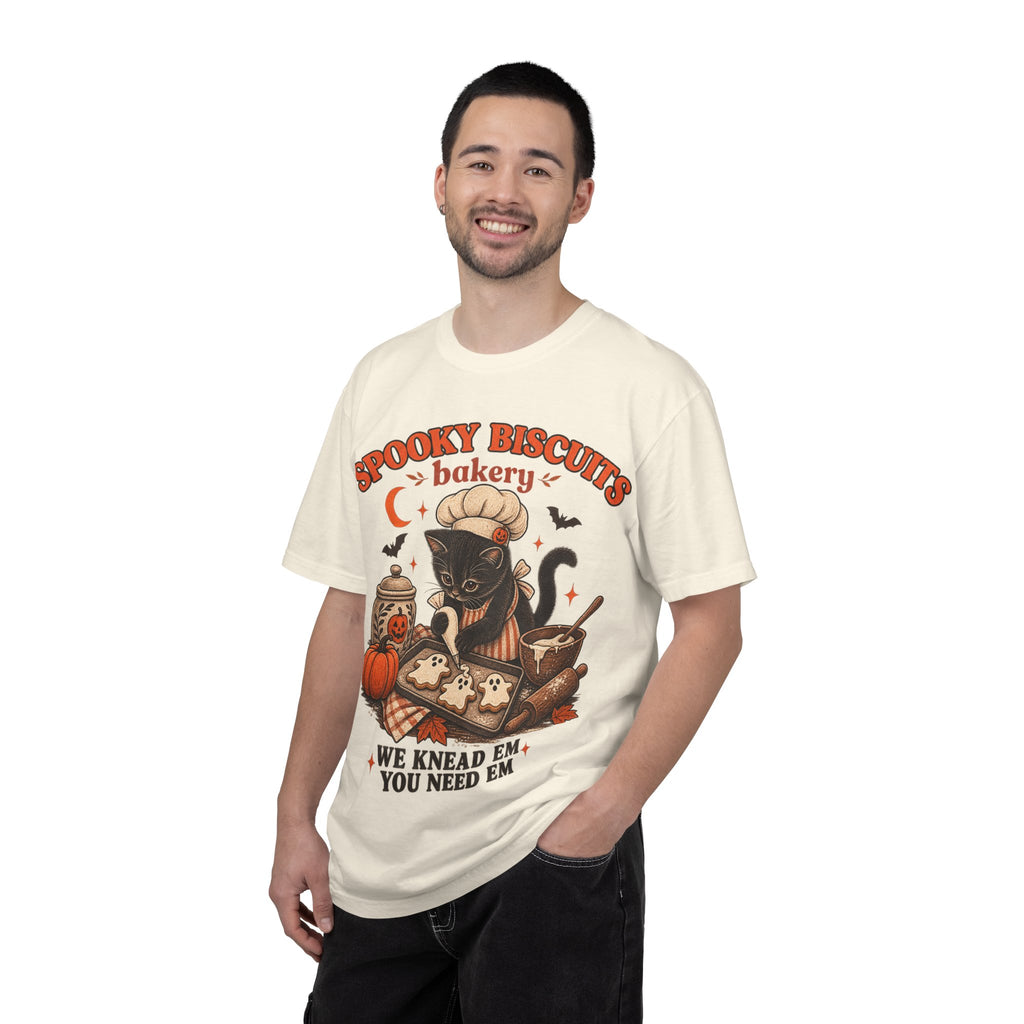 Spooky Biscuits Bakery T-Shirt — Halloween Black Cat Baking Tee (“We Knead ’Em, You Need ’Em”)