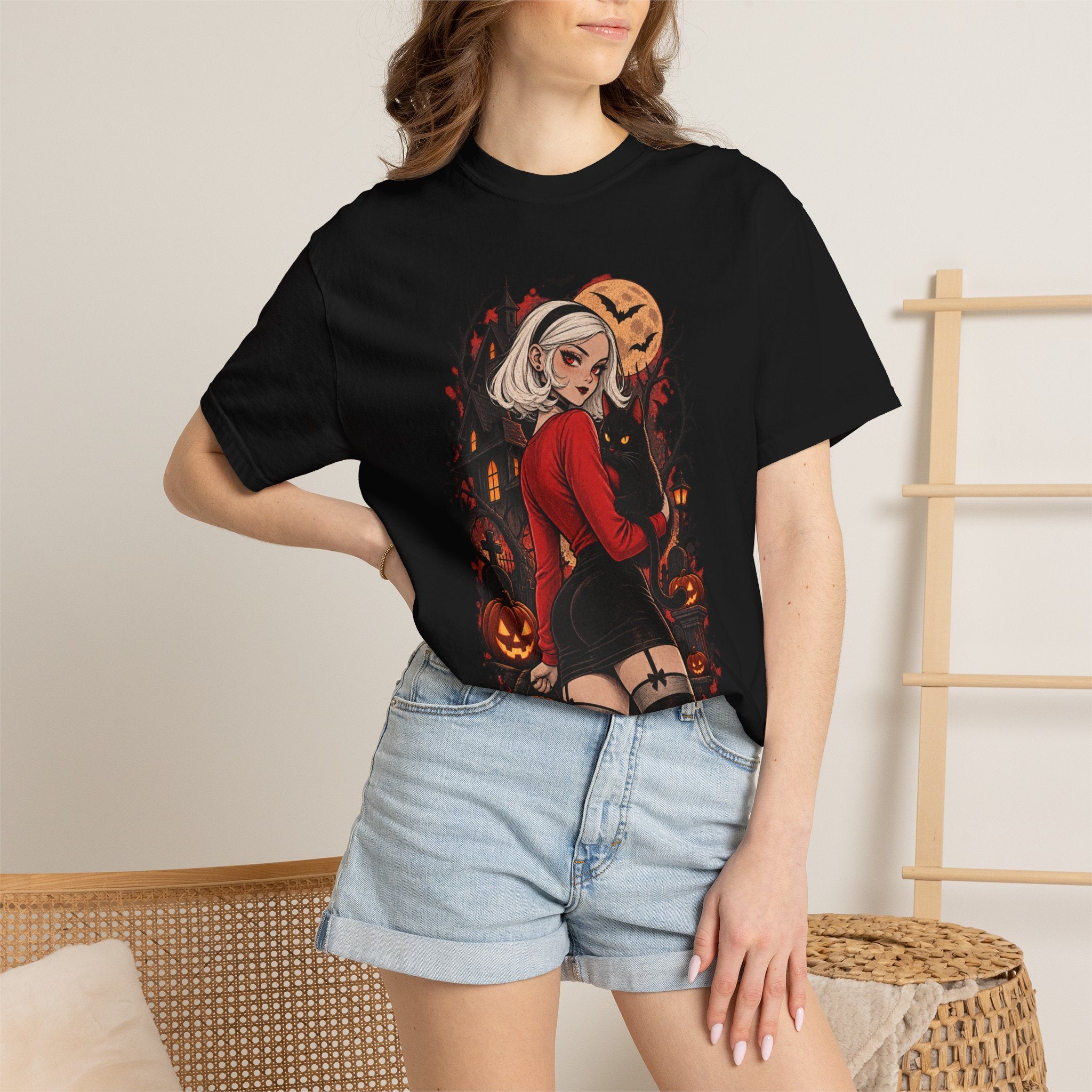 Halloween Pin-Up T-Shirt — Sexy Witch Girl with Jack-O'-Lanterns