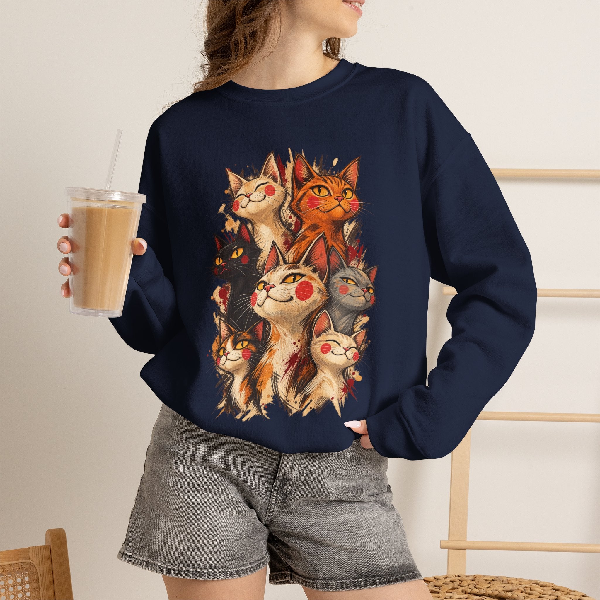 Cat Pack Crewneck Sweatshirt — Whimsical Multi-Cat Illustration