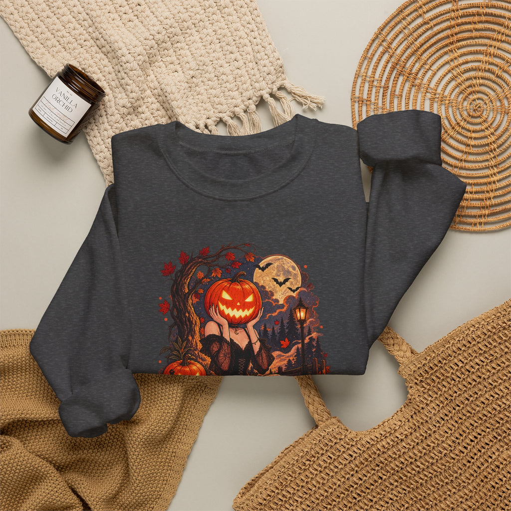 Halloween Pumpkin Girl Crewneck Sweatshirt — Spooky Autumn Graphic Sweatshirt
