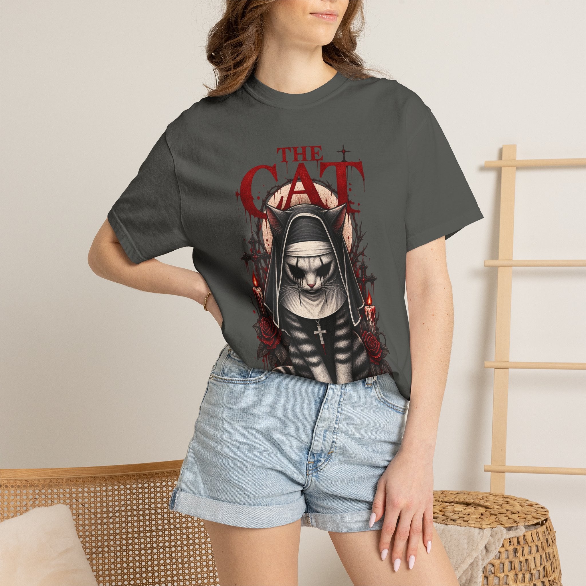Gothic 'The Cat' T-Shirt — Nun Cat with Roses & Crosses