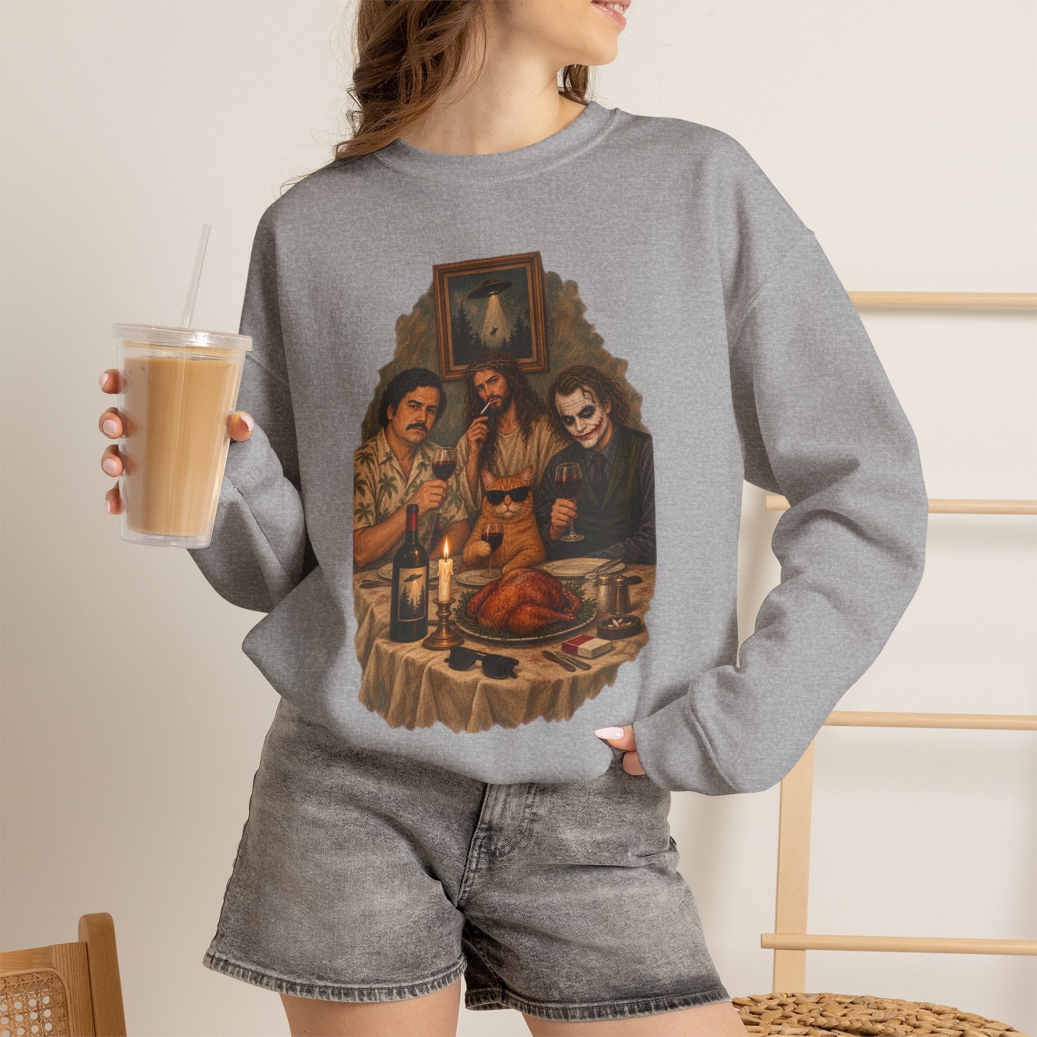 Crewneck Sweatshirt — Vintage Movie Villains Thanksgiving Dinner Graphic