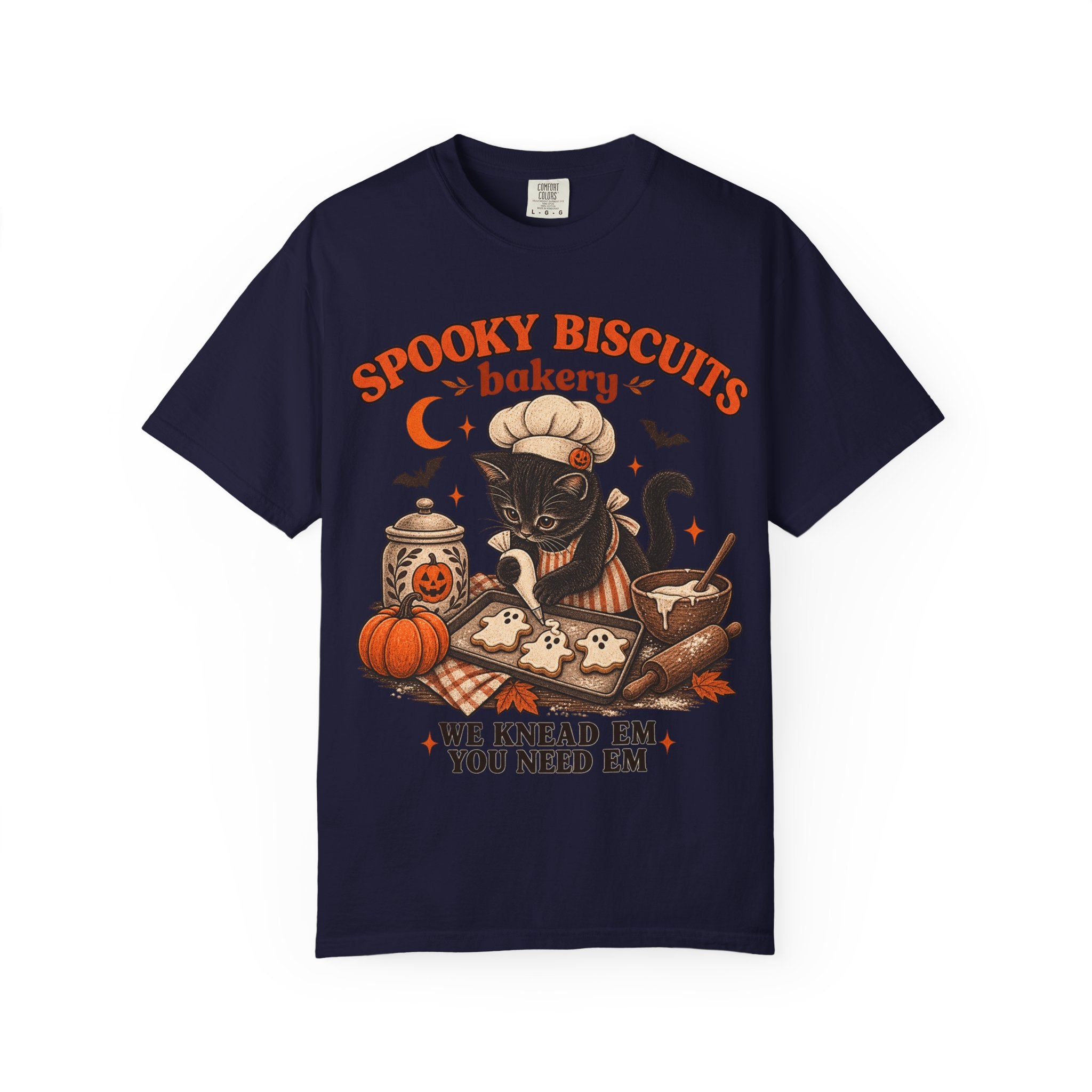 Spooky Biscuits Bakery T-Shirt — Halloween Black Cat Baking Tee (“We Knead ’Em, You Need ’Em”)