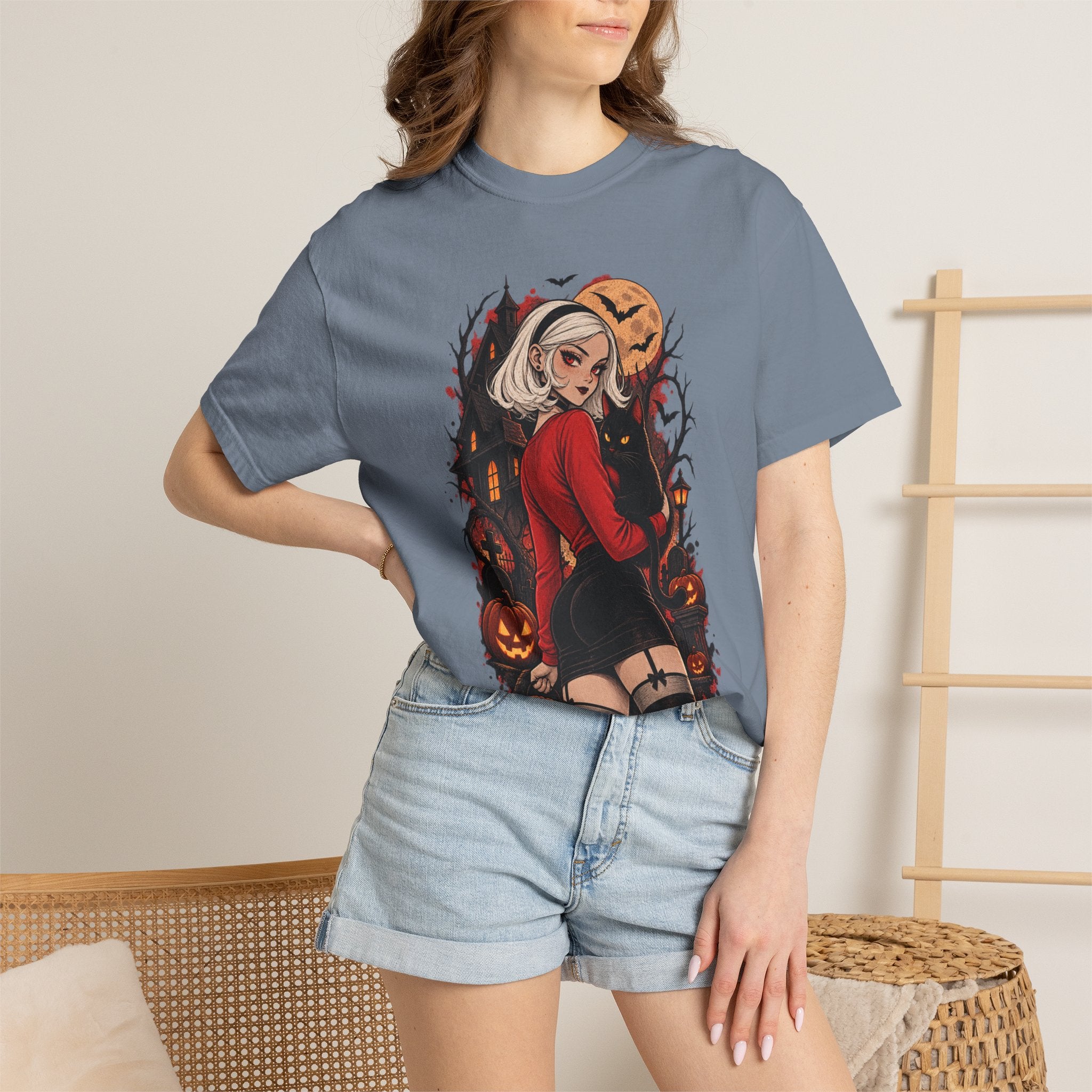 Halloween Pin-Up T-Shirt — Sexy Witch Girl with Jack-O'-Lanterns
