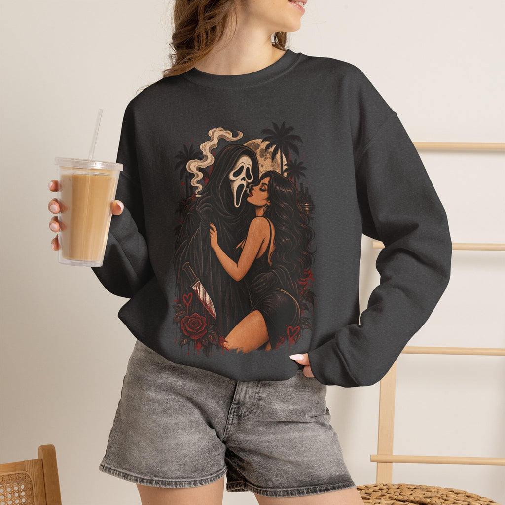 Horror Romance Crewneck Sweatshirt – Masked Ghost Embrace Graphic