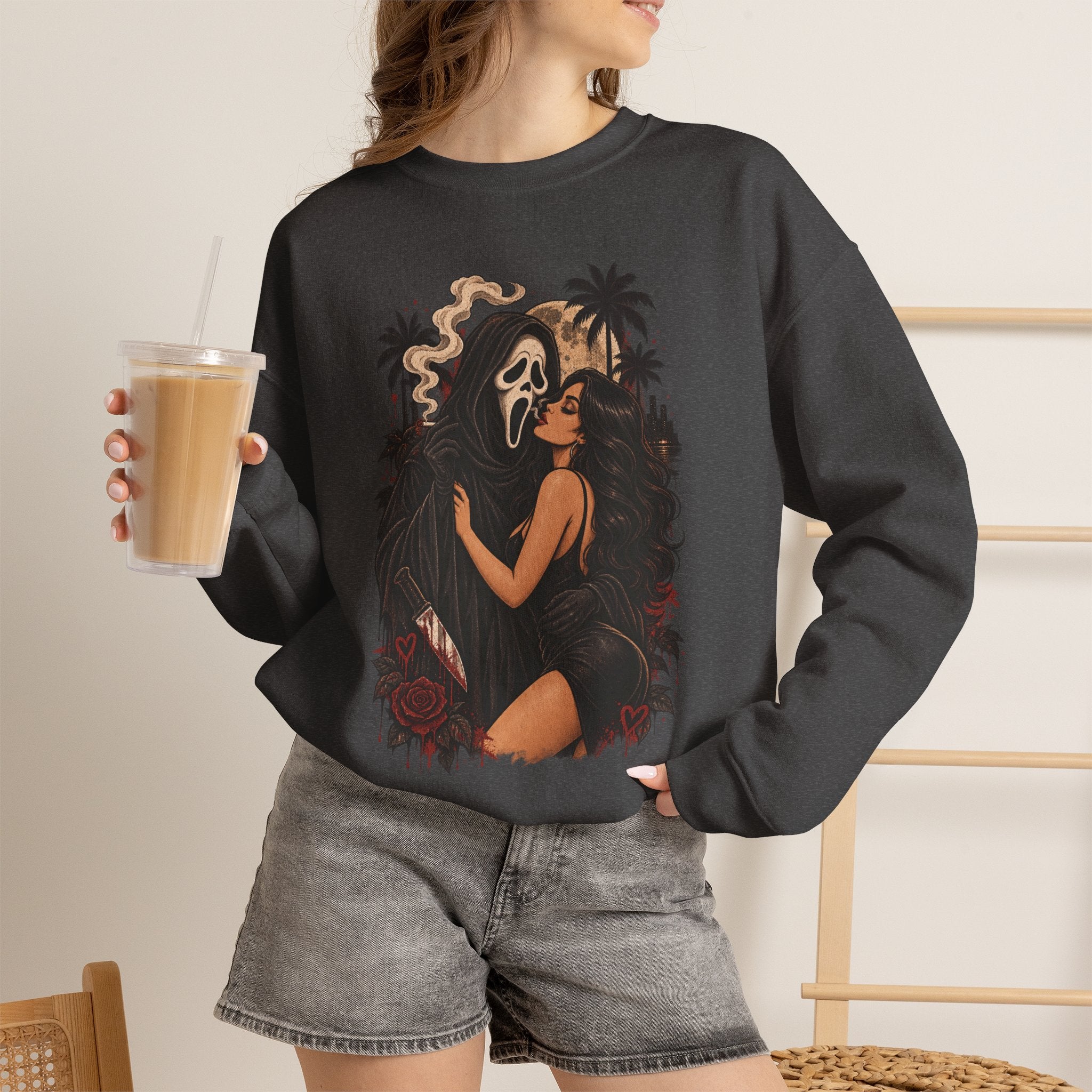Horror Romance Crewneck Sweatshirt – Masked Ghost Embrace Graphic