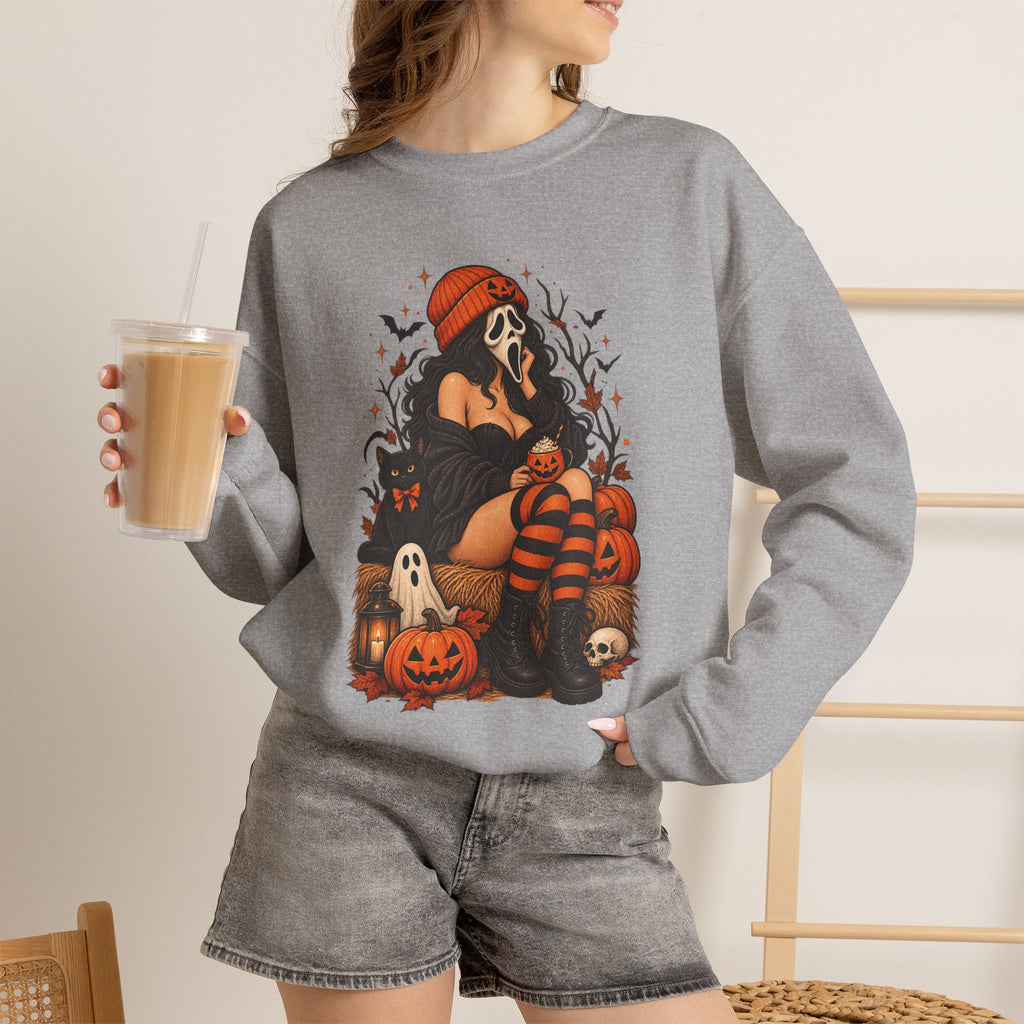 Halloween Crewneck Sweatshirt — Cozy Gothic Pumpkin & Skull Design