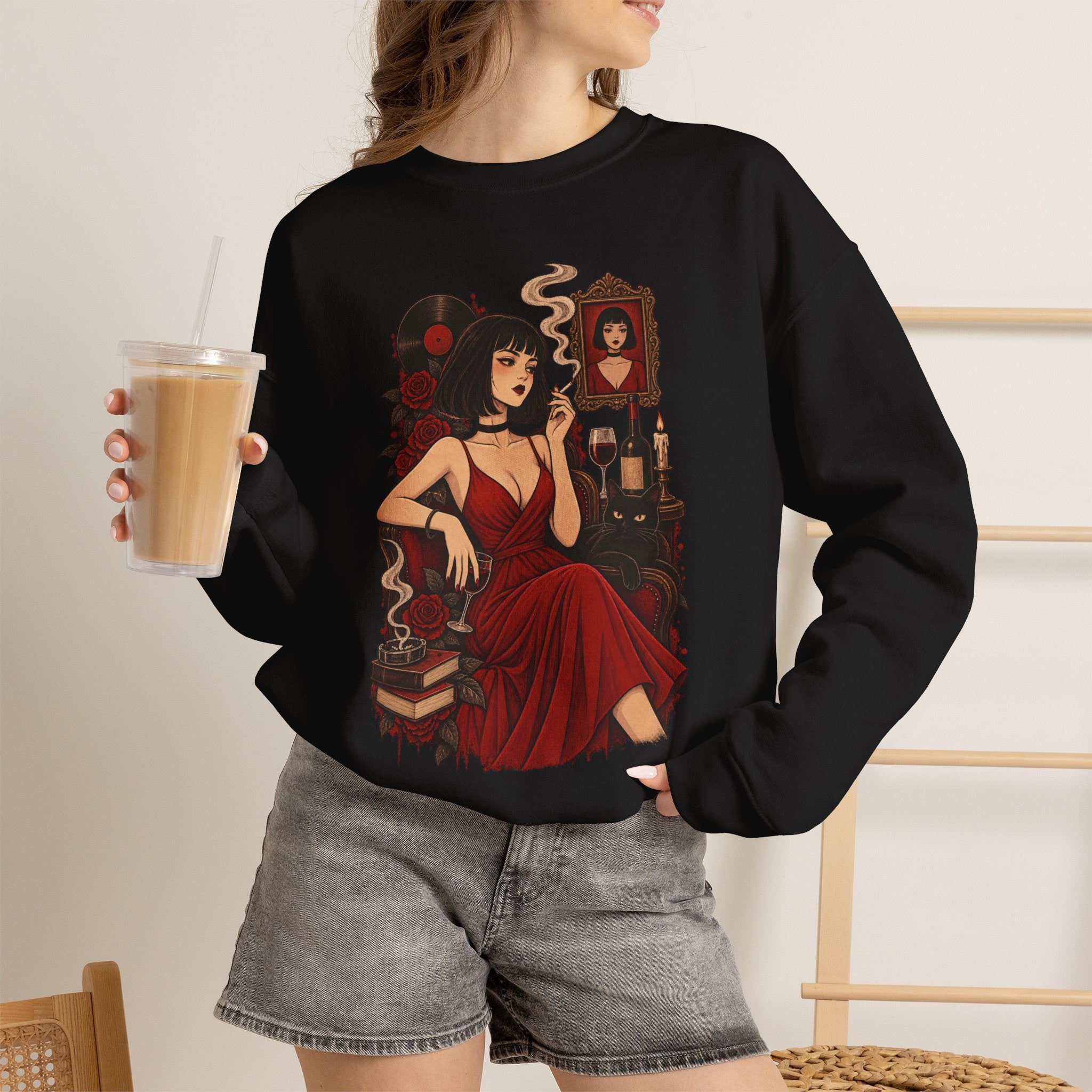 Gothic Noir Crewneck Sweatshirt — "Midnight Parlour" Retro Vampire Femme Design