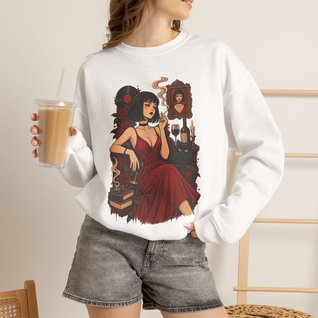 Gothic Noir Crewneck Sweatshirt — "Midnight Parlour" Retro Vampire Femme Design