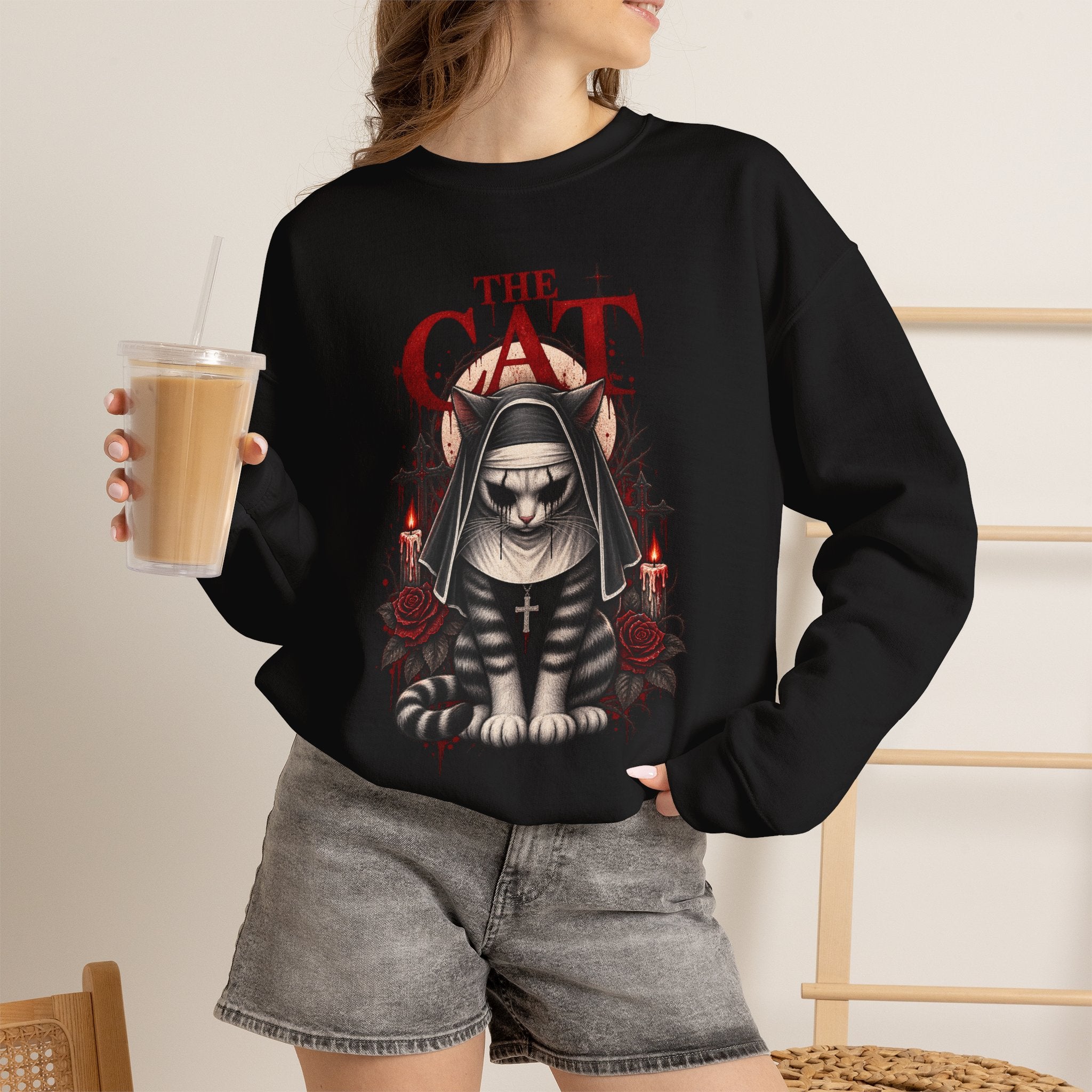 Cat Nun Graphic Sweatshirt — Gothic 'The Cat' Design