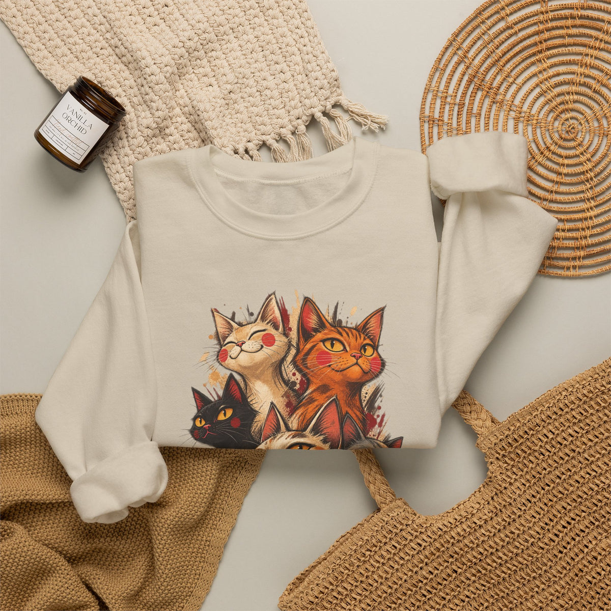 Cat Pack Crewneck Sweatshirt — Whimsical Multi-Cat Illustration