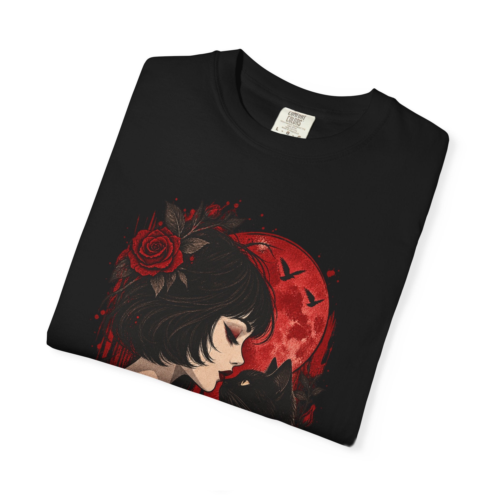 Gothic Girl & Black Cat T‑Shirt — Red Moon Rose Illustration