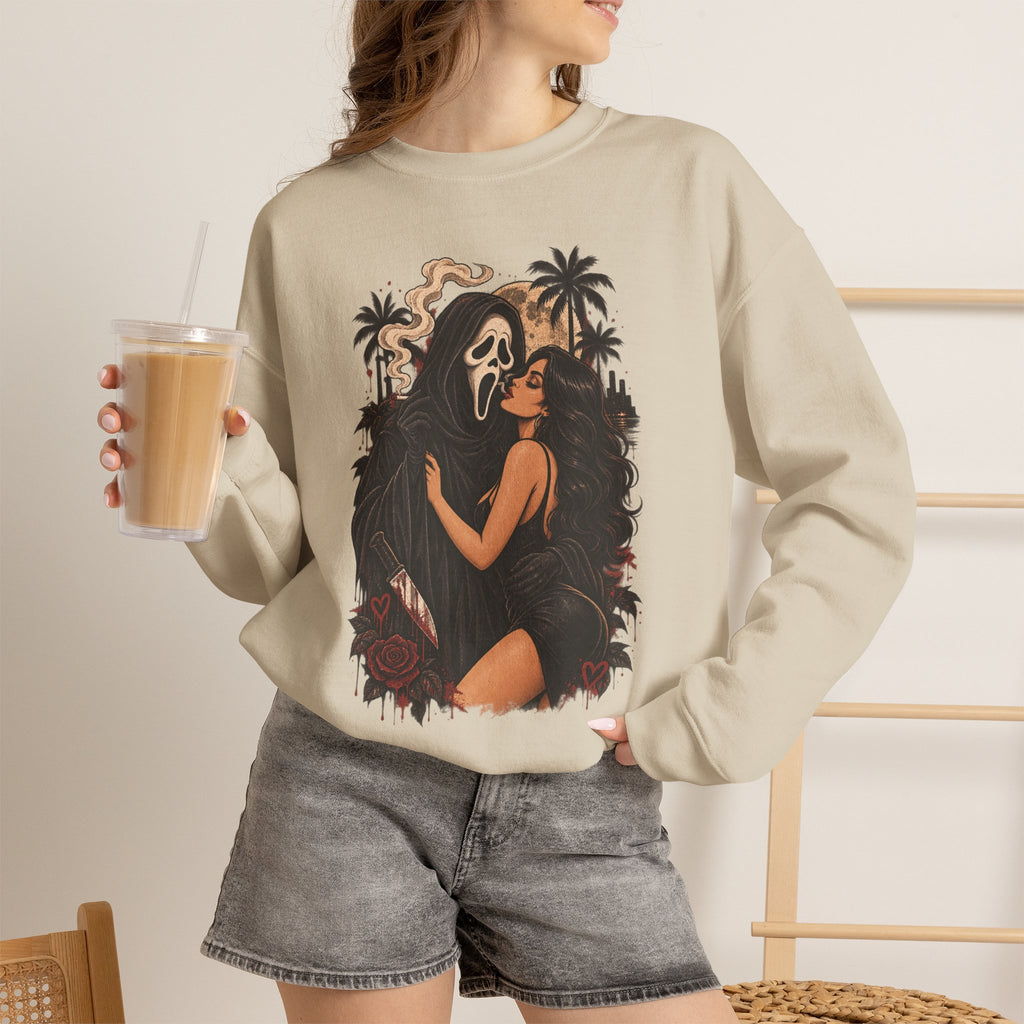 Horror Romance Crewneck Sweatshirt – Masked Ghost Embrace Graphic