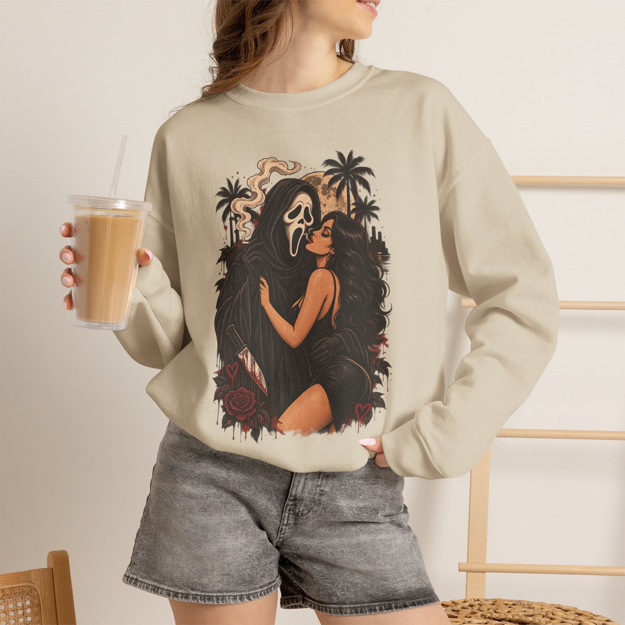Horror Romance Crewneck Sweatshirt – Masked Ghost Embrace Graphic
