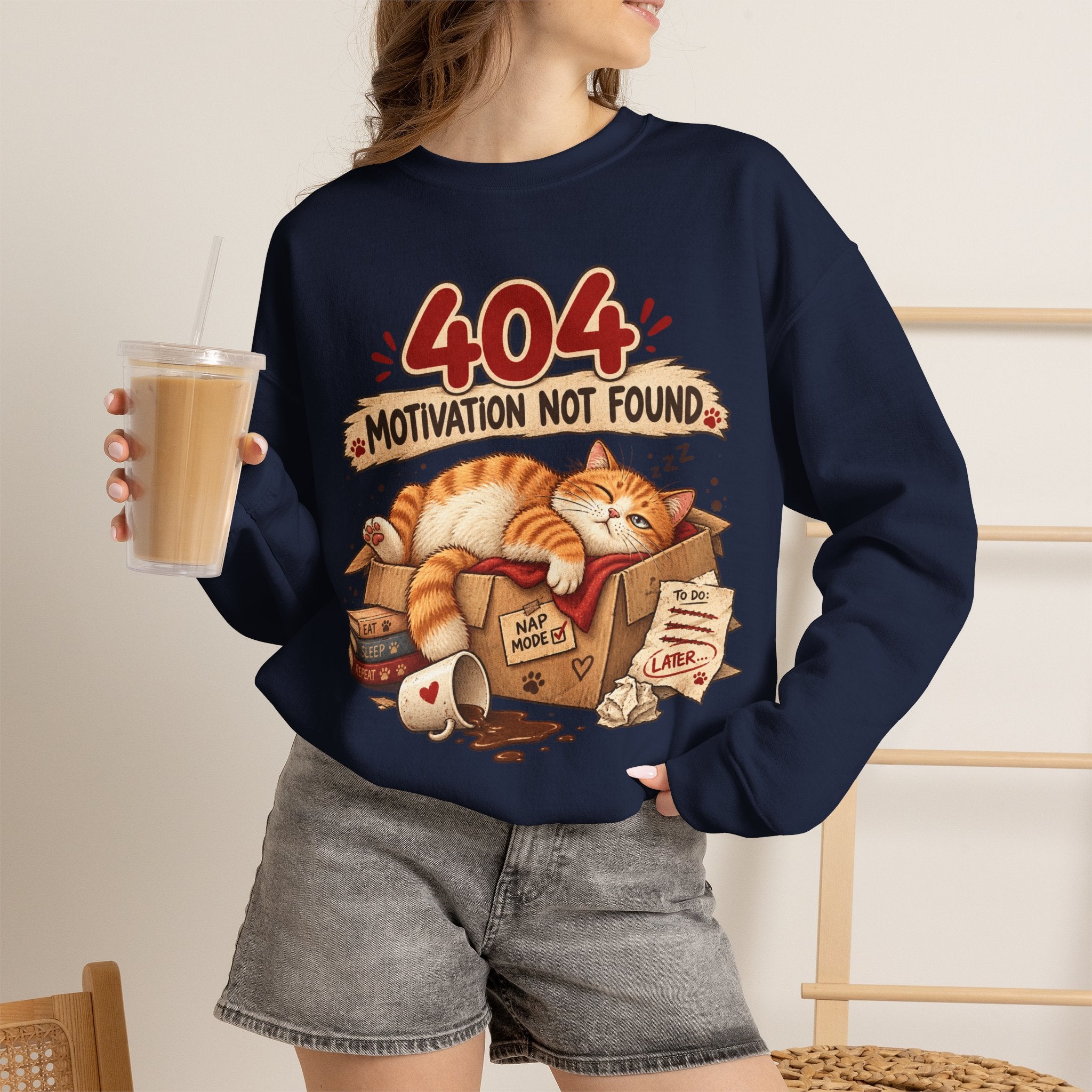 Crewneck Sweatshirt — "404 Motivation Not Found" Lazy Cat Graphic