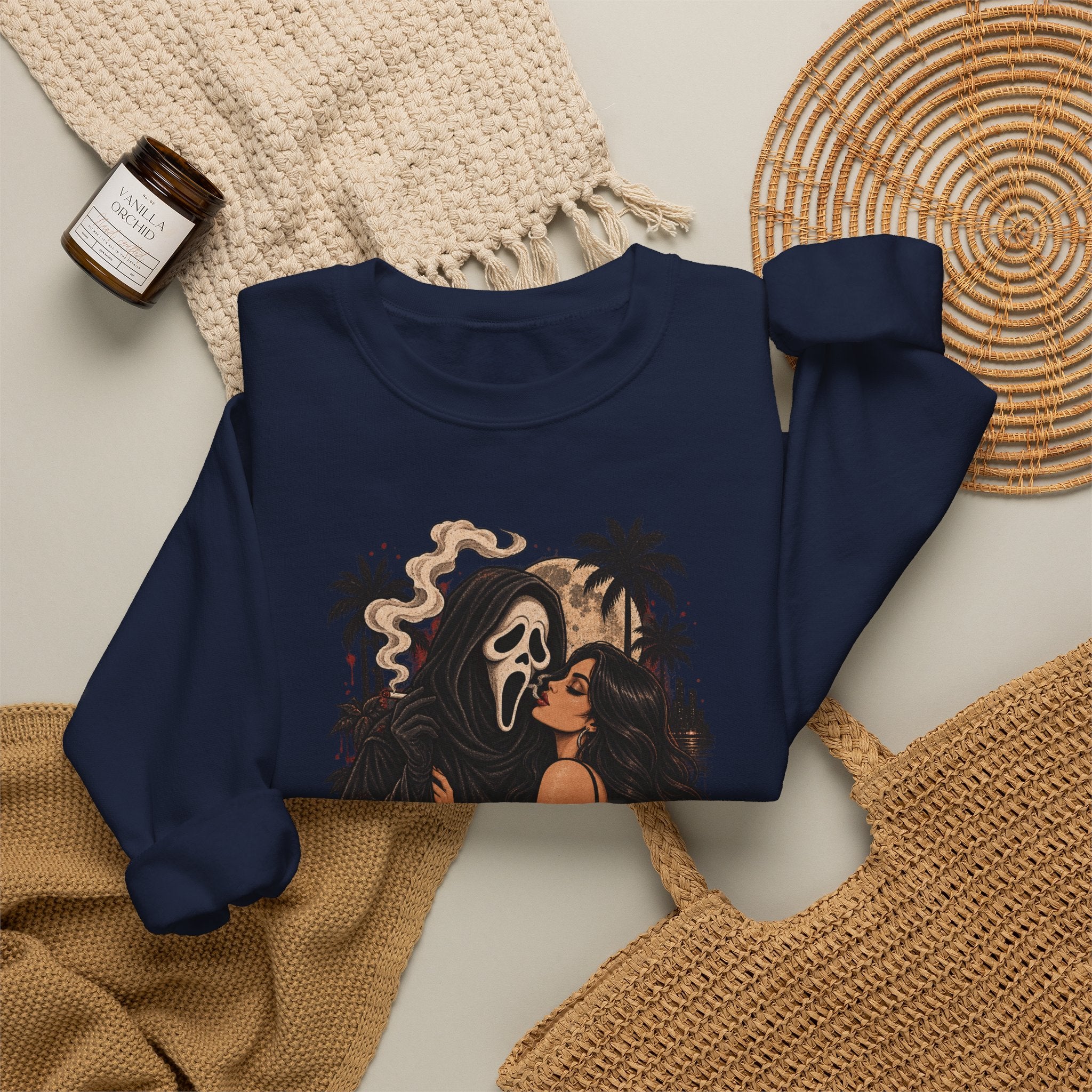 Horror Romance Crewneck Sweatshirt – Masked Ghost Embrace Graphic