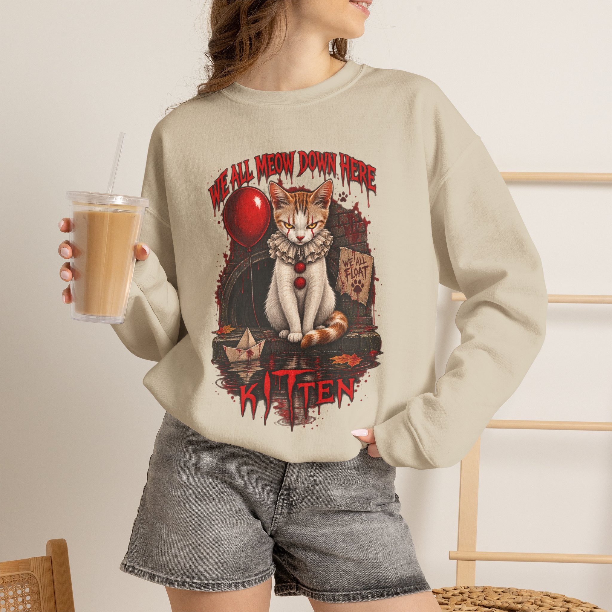 Horror Cat Crewneck Sweatshirt — "Kitten" Creepy Balloon Graphic