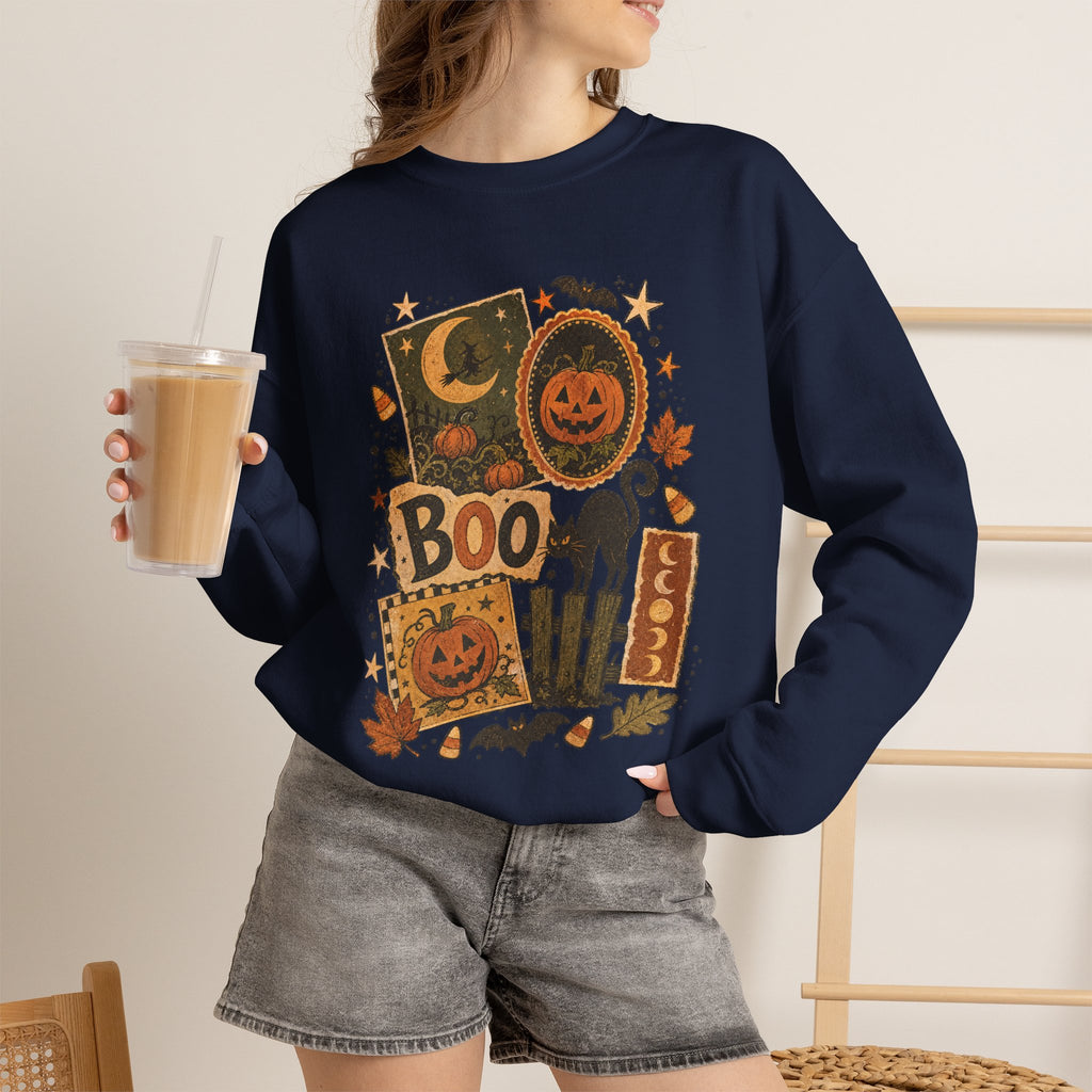 Halloween Vintage Patchwork Sweatshirt – 'Boo' Jack-o'-Lantern Crewneck