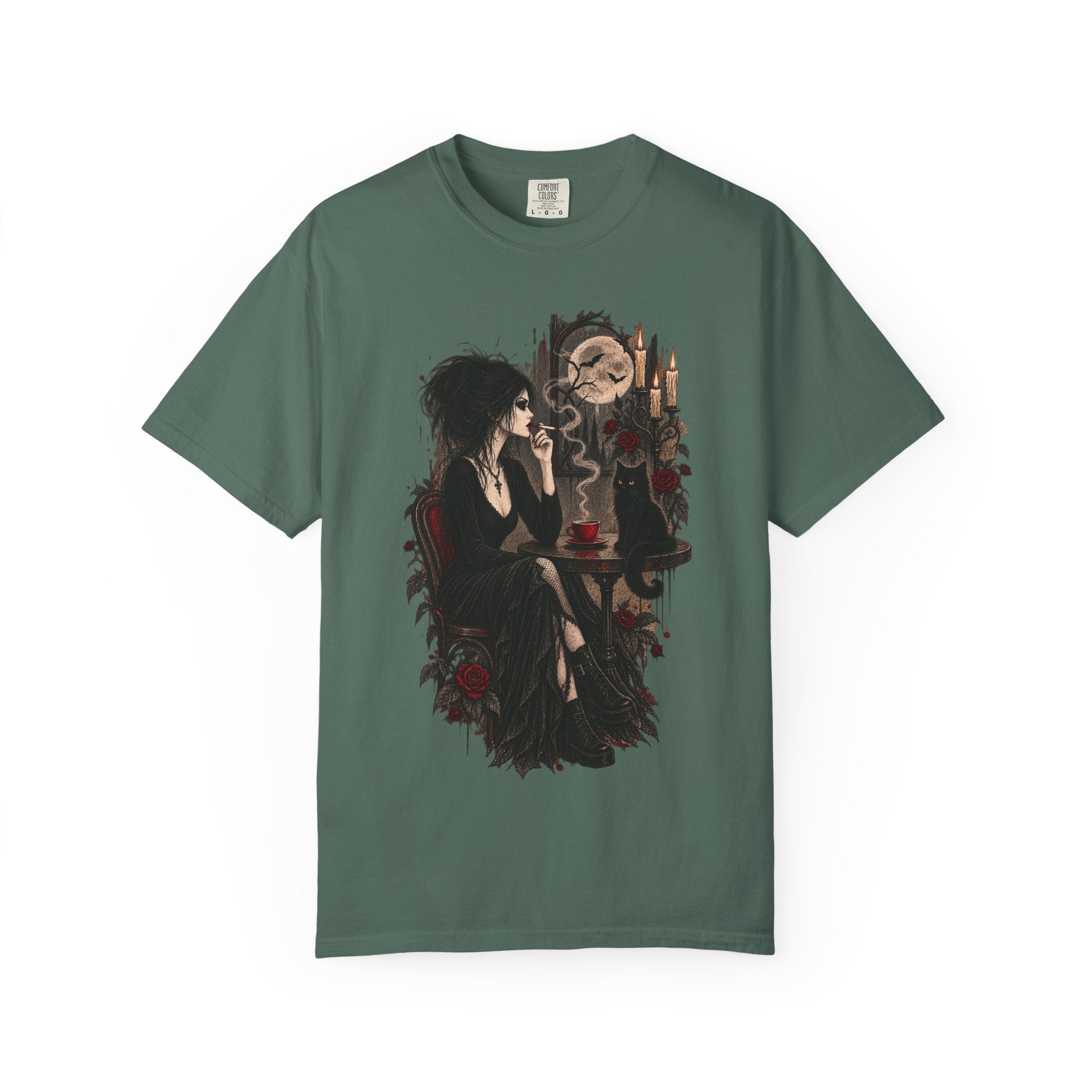 Witchy Tea Time T-Shirt — Gothic Woman with Moon & Candles Art
