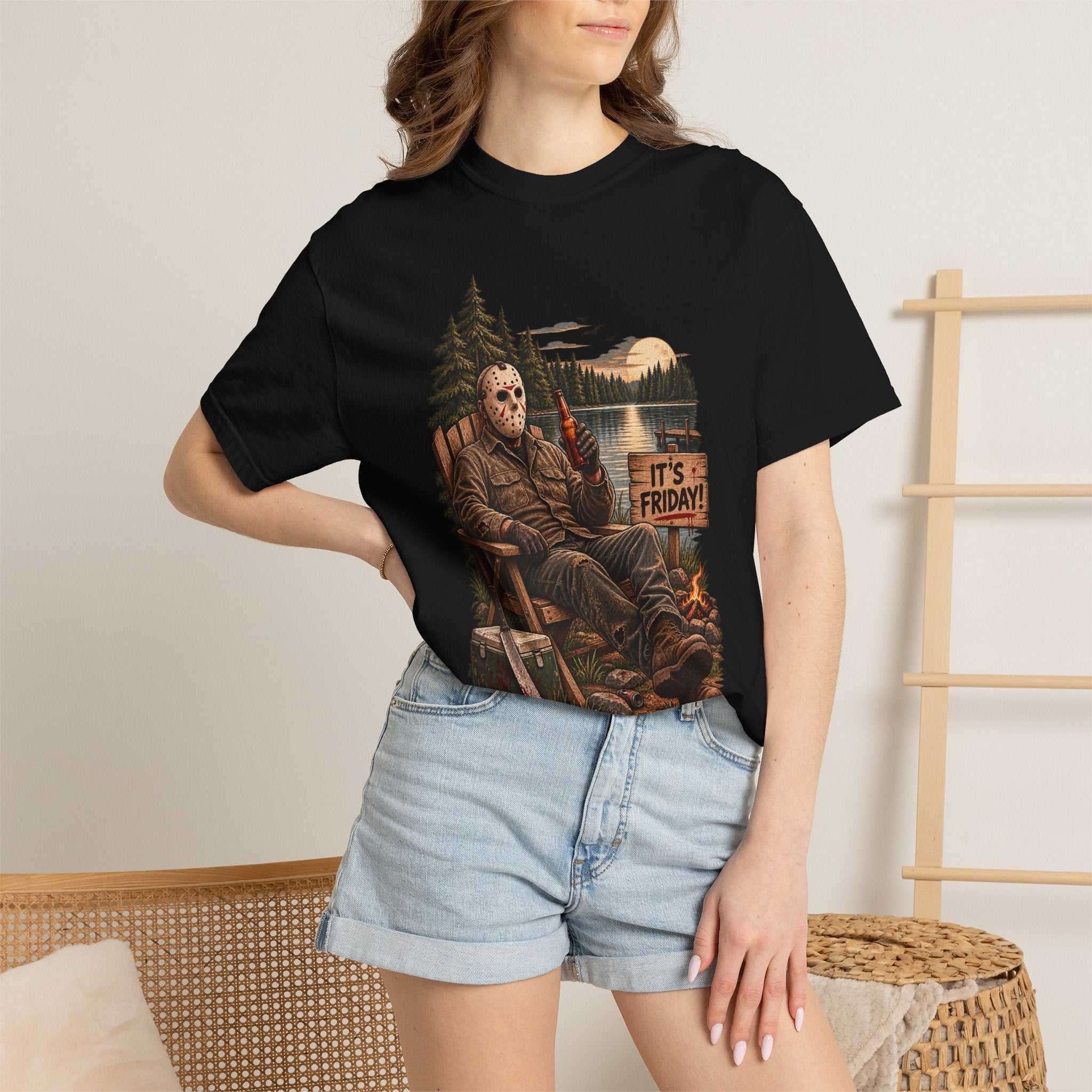 Jason Voorhees Lake Camp T-Shirt — 'It's Friday' Horror Cabin Tee
