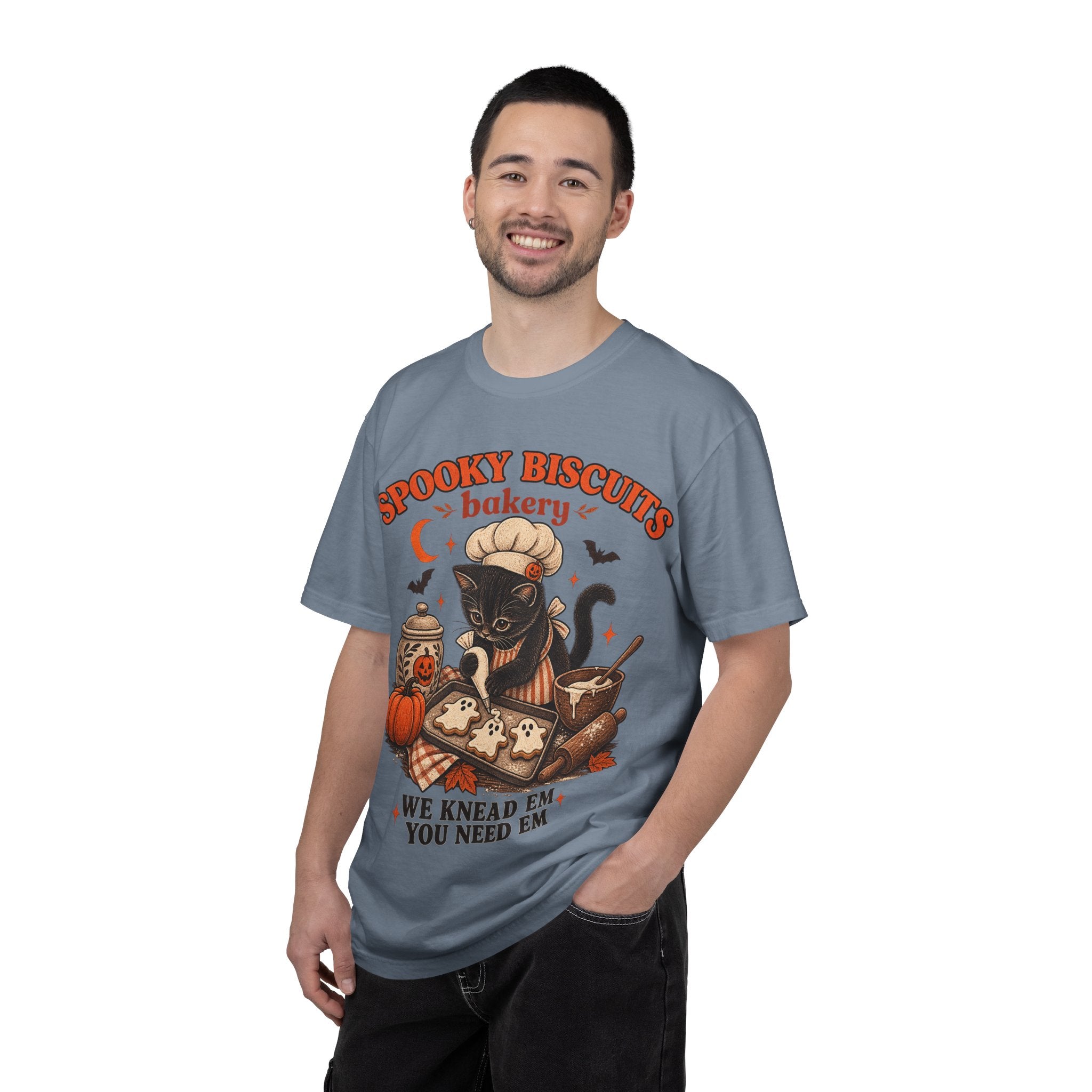Spooky Biscuits Bakery T-Shirt — Halloween Black Cat Baking Tee (“We Knead ’Em, You Need ’Em”)
